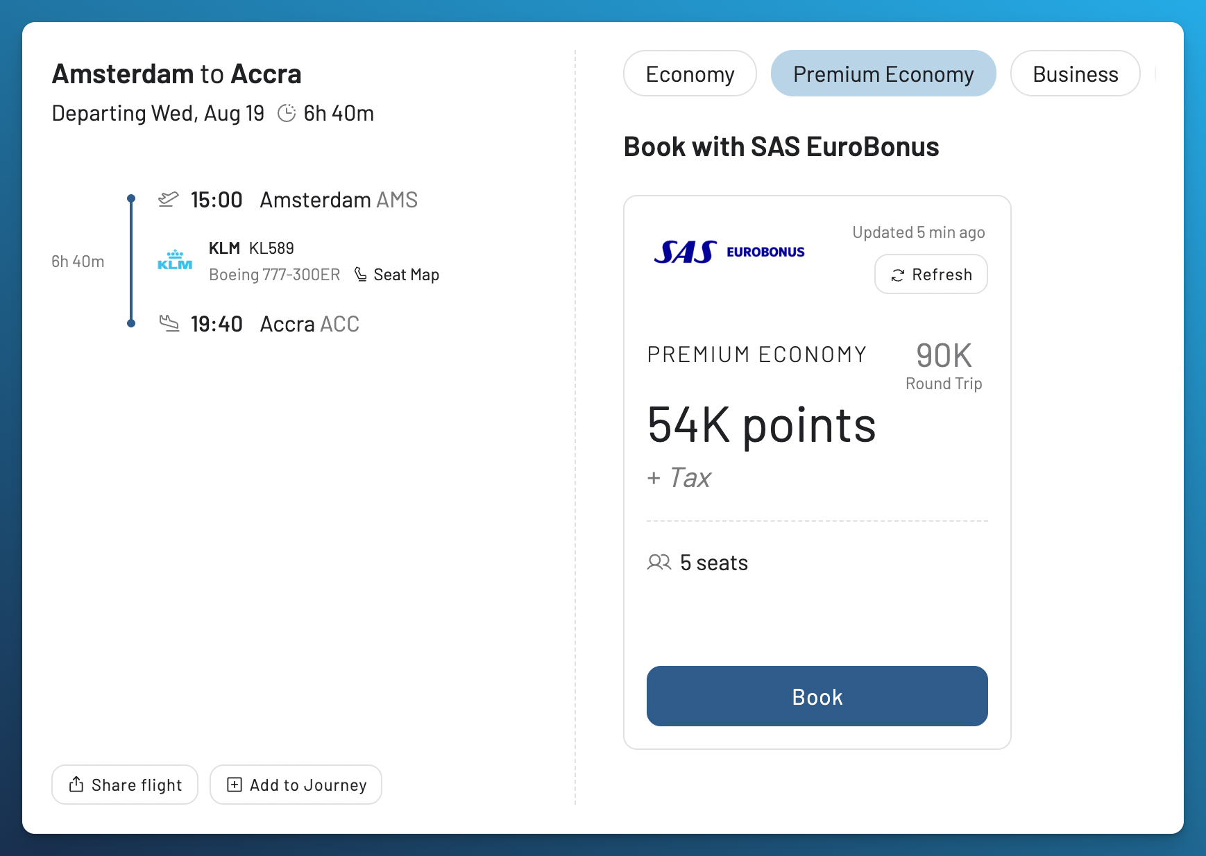 KLM and Air France Premium Economy award availability to Dubai and West Africa on AwardFares with SAS EuroBonus