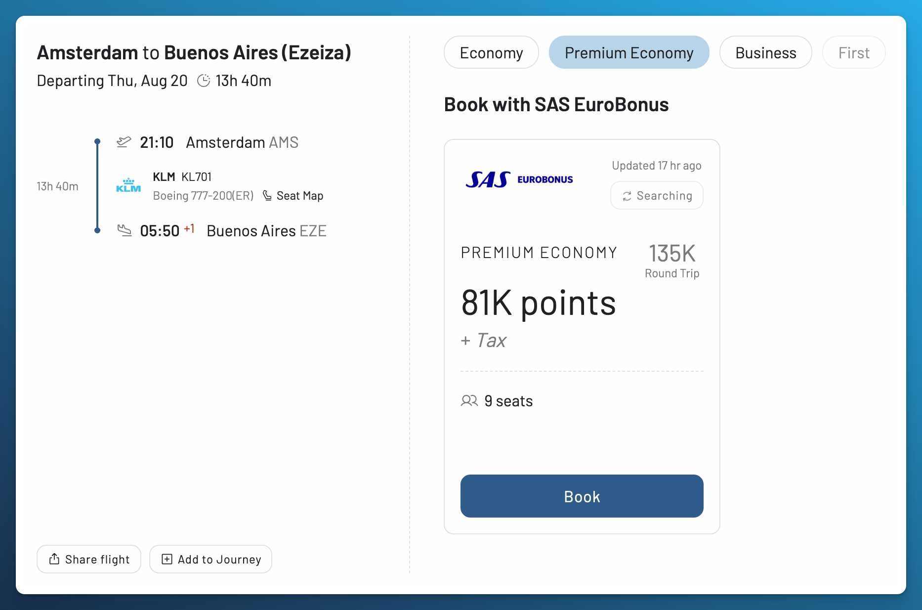 KLM Premium Comfort award availability from Amsterdam to Buenos Aires, Lima and Santiago on AwardFares with SAS EuroBonus