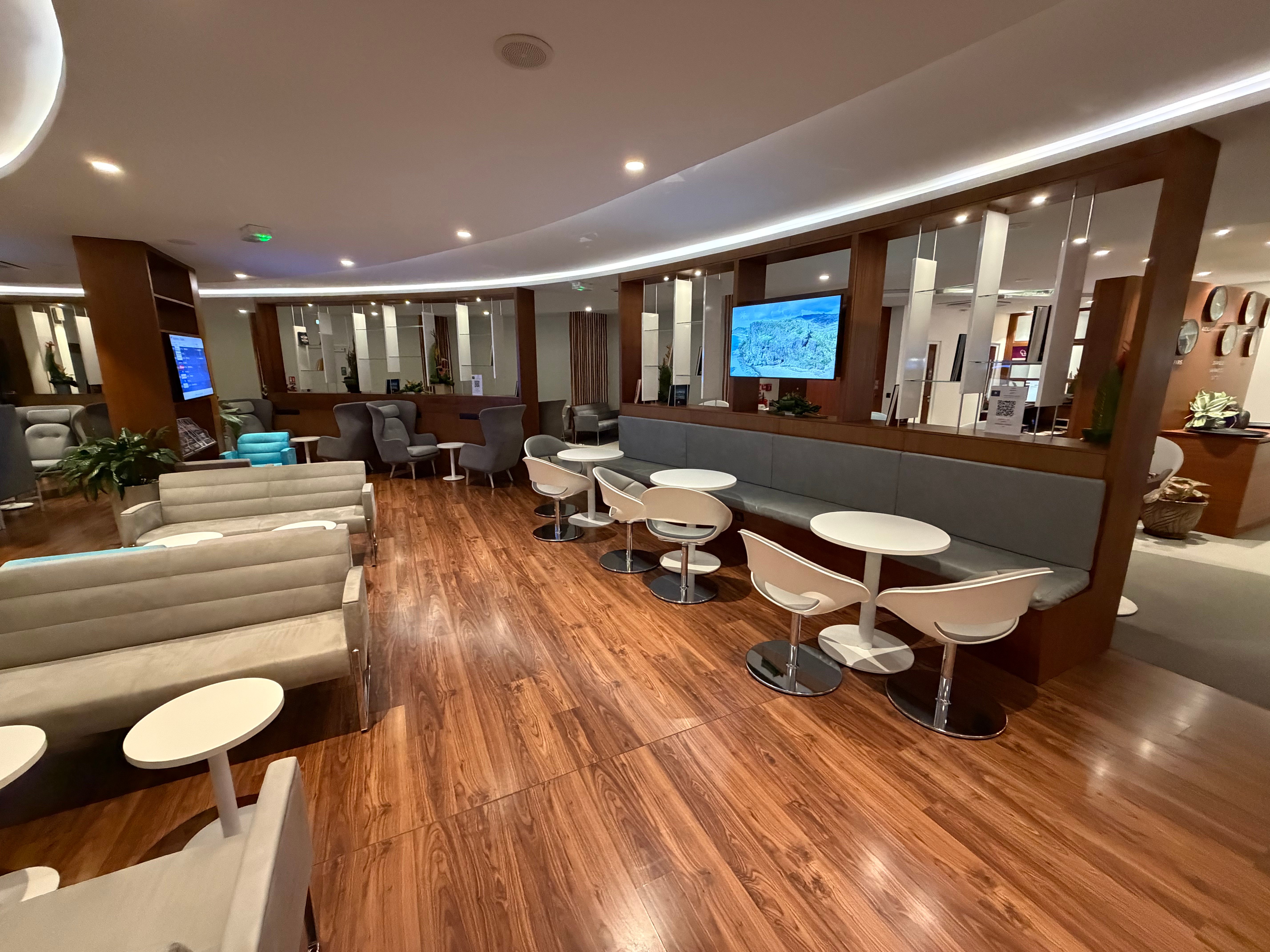 Dining tables inside the Papeete airport lounge.
