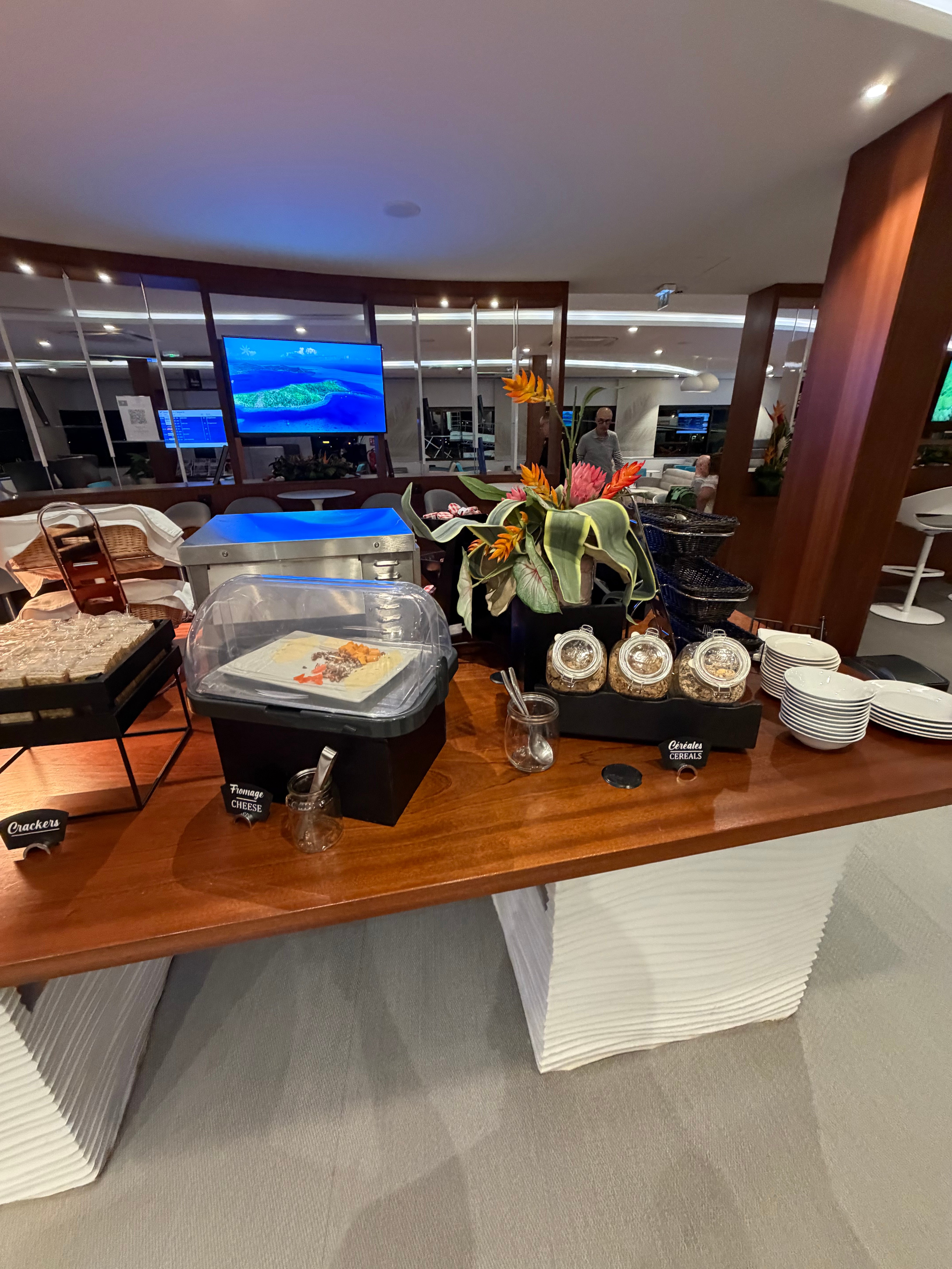 Breakfast buffet at the Air Tahiti Nui lounge in Papeete.