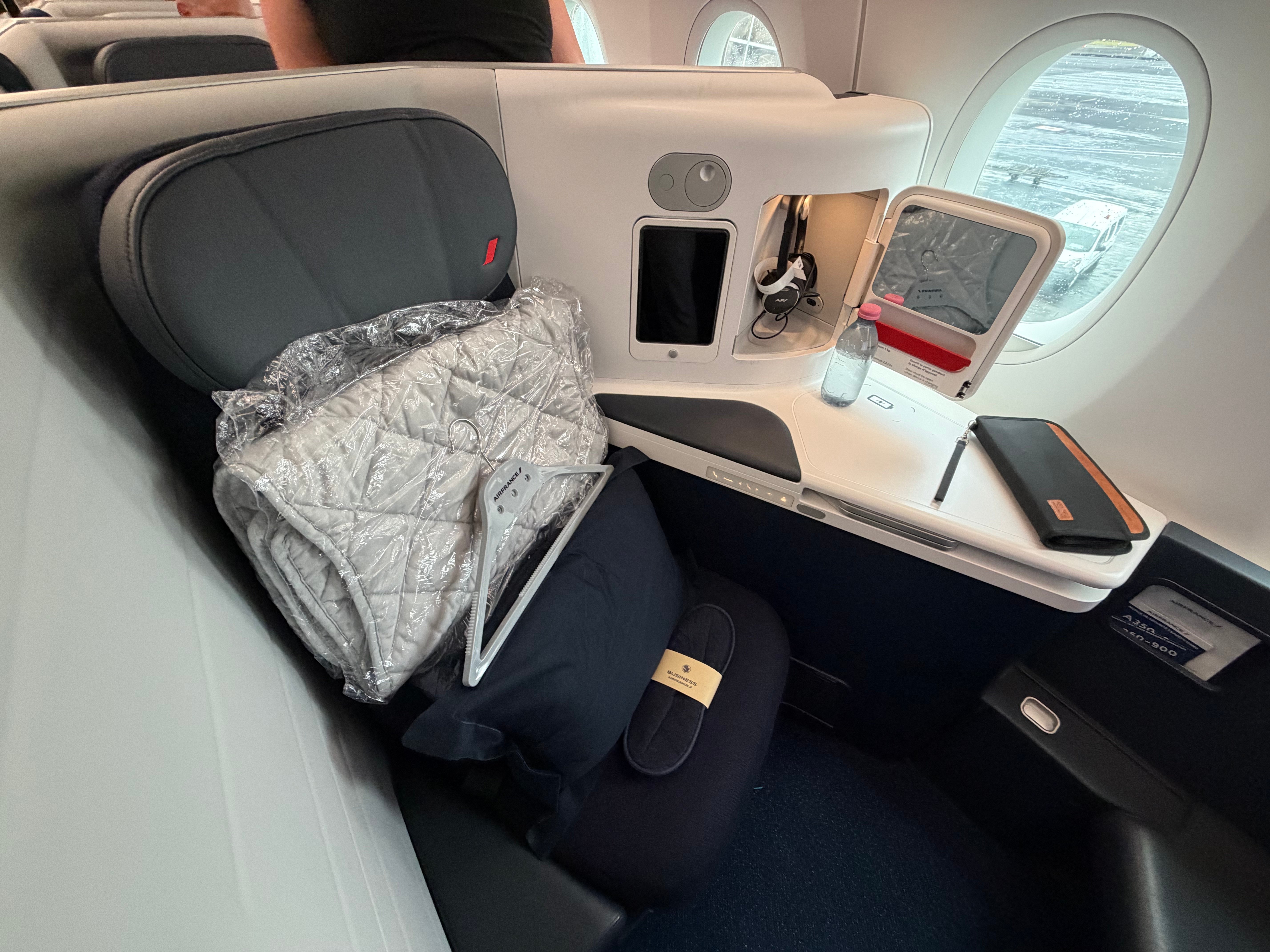 Front view of an Air France A350 Business Class seat.