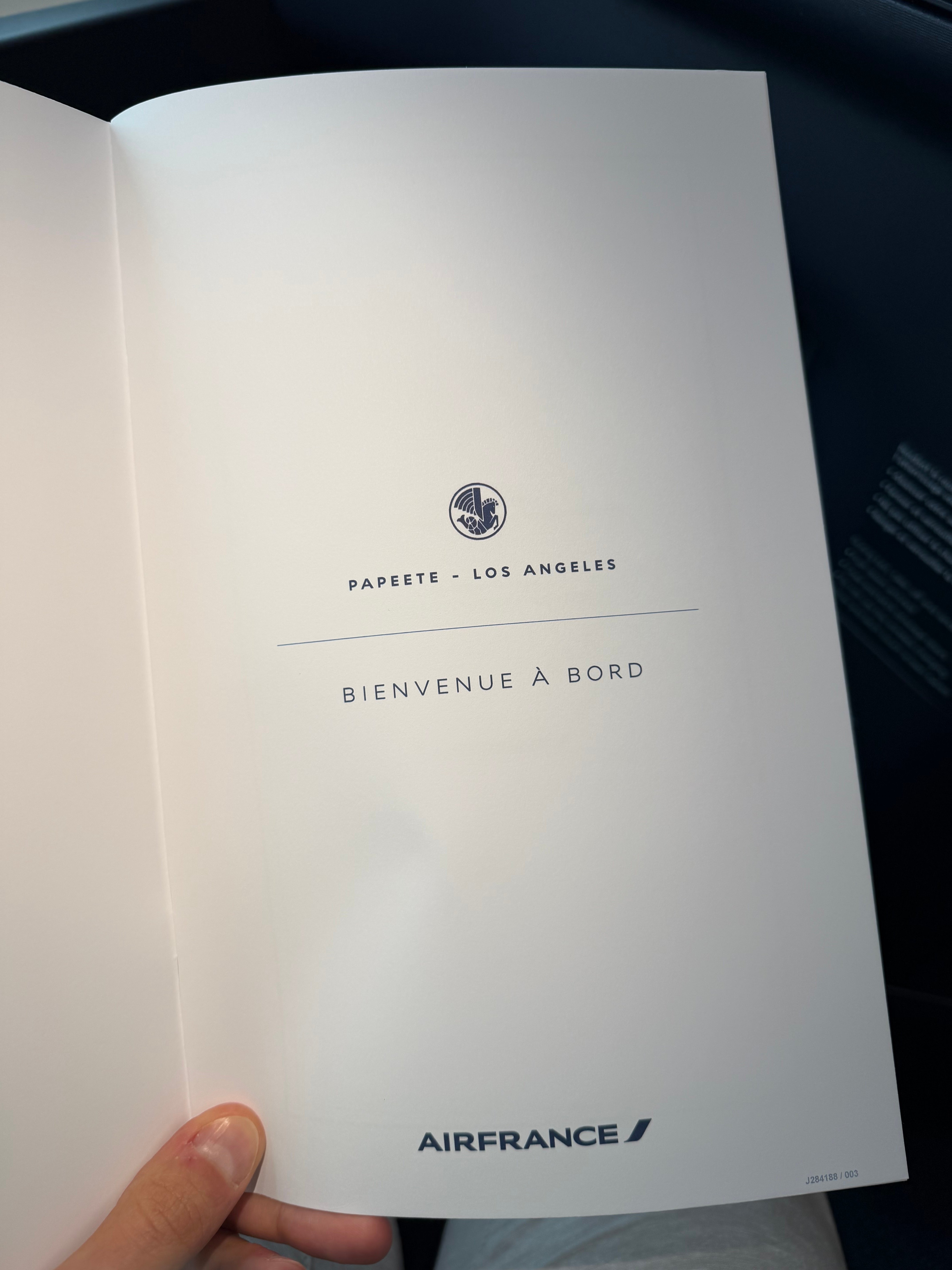 Air France Business Class menu cover for the Papeete to Los Angeles flight.