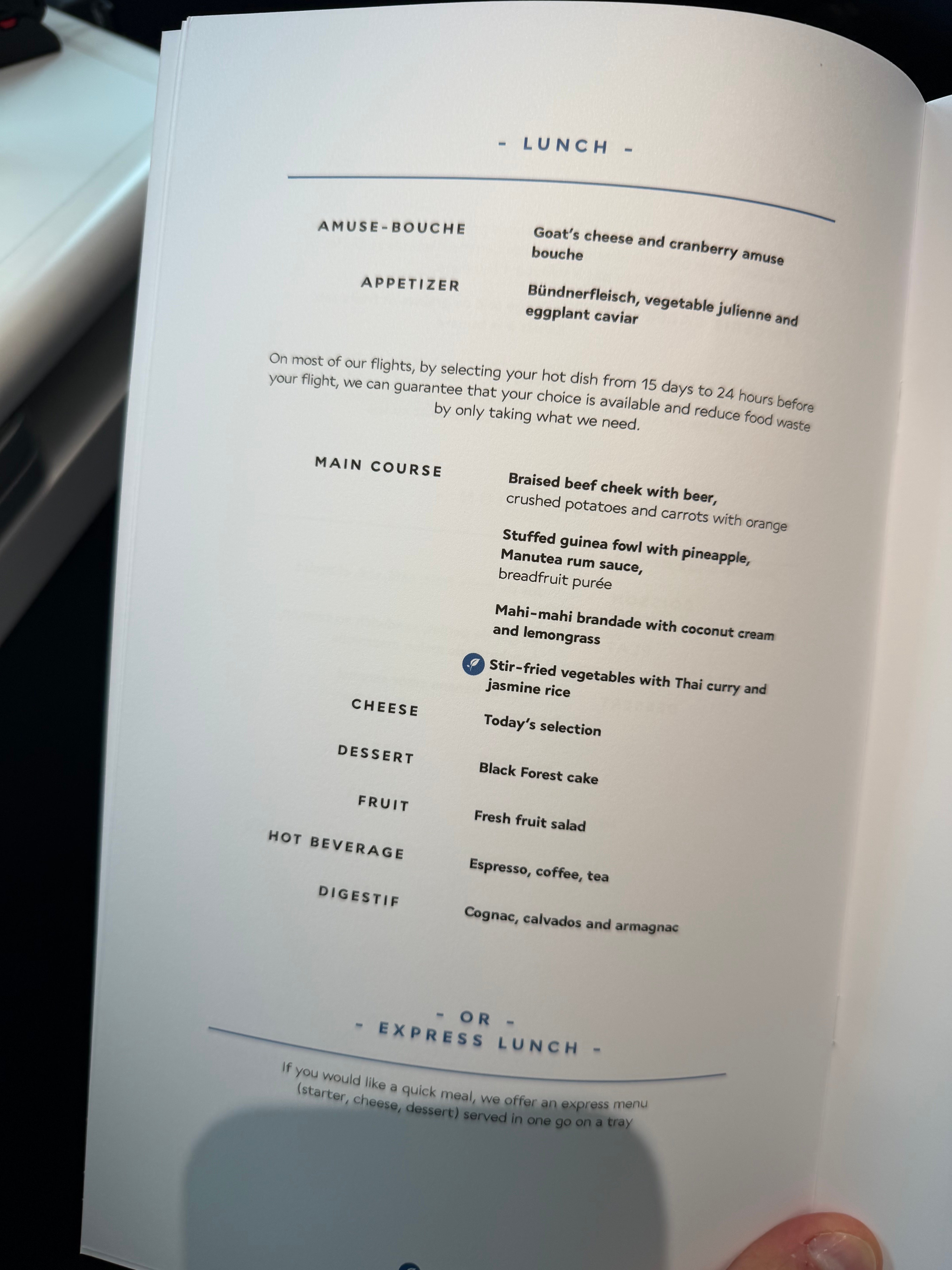 Lunch menu with four main course choices and an express lunch option.