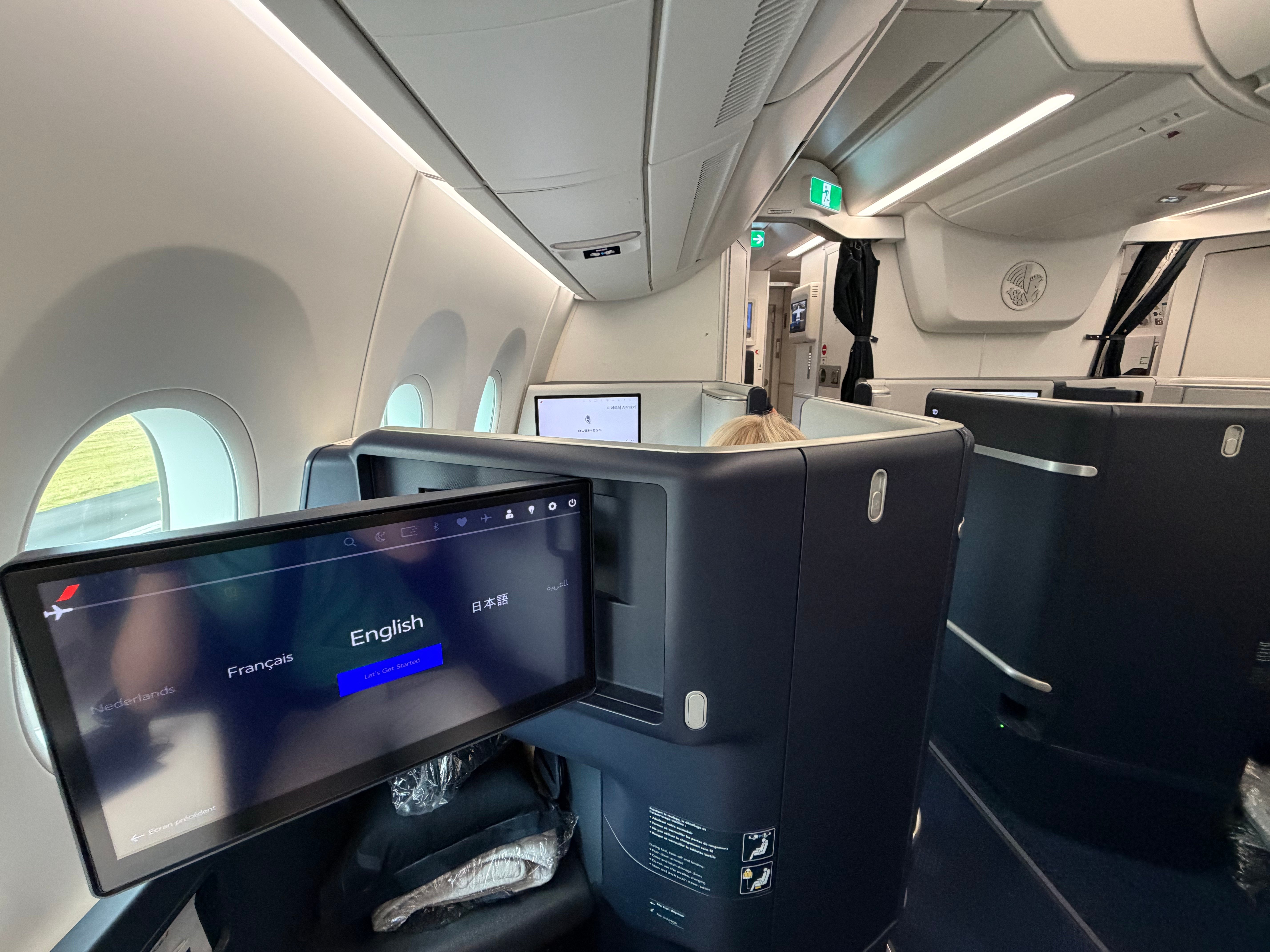 Air France A350 Business Class seats viewed from the aisle.