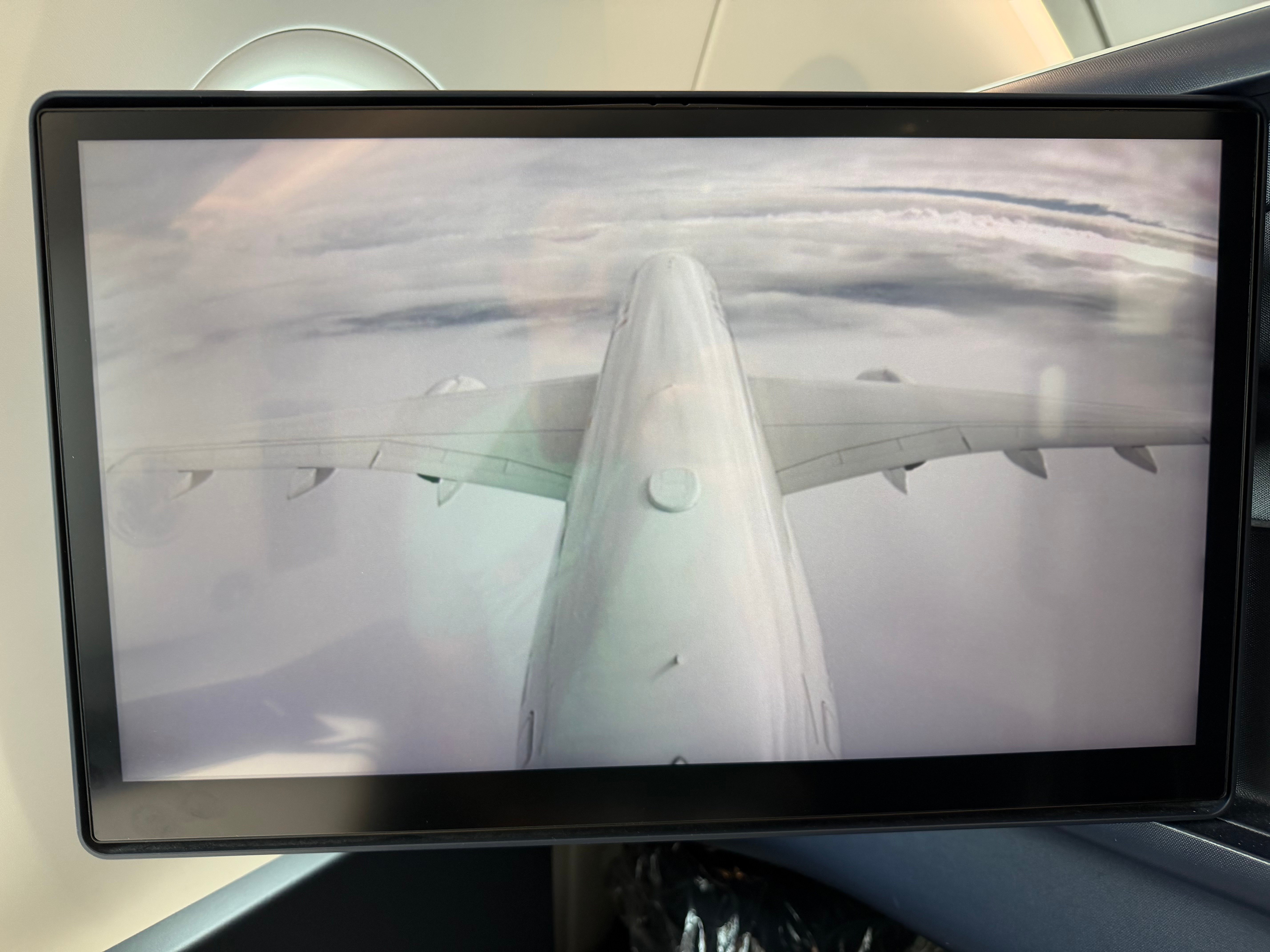 A350 tail camera view on the entertainment screen.