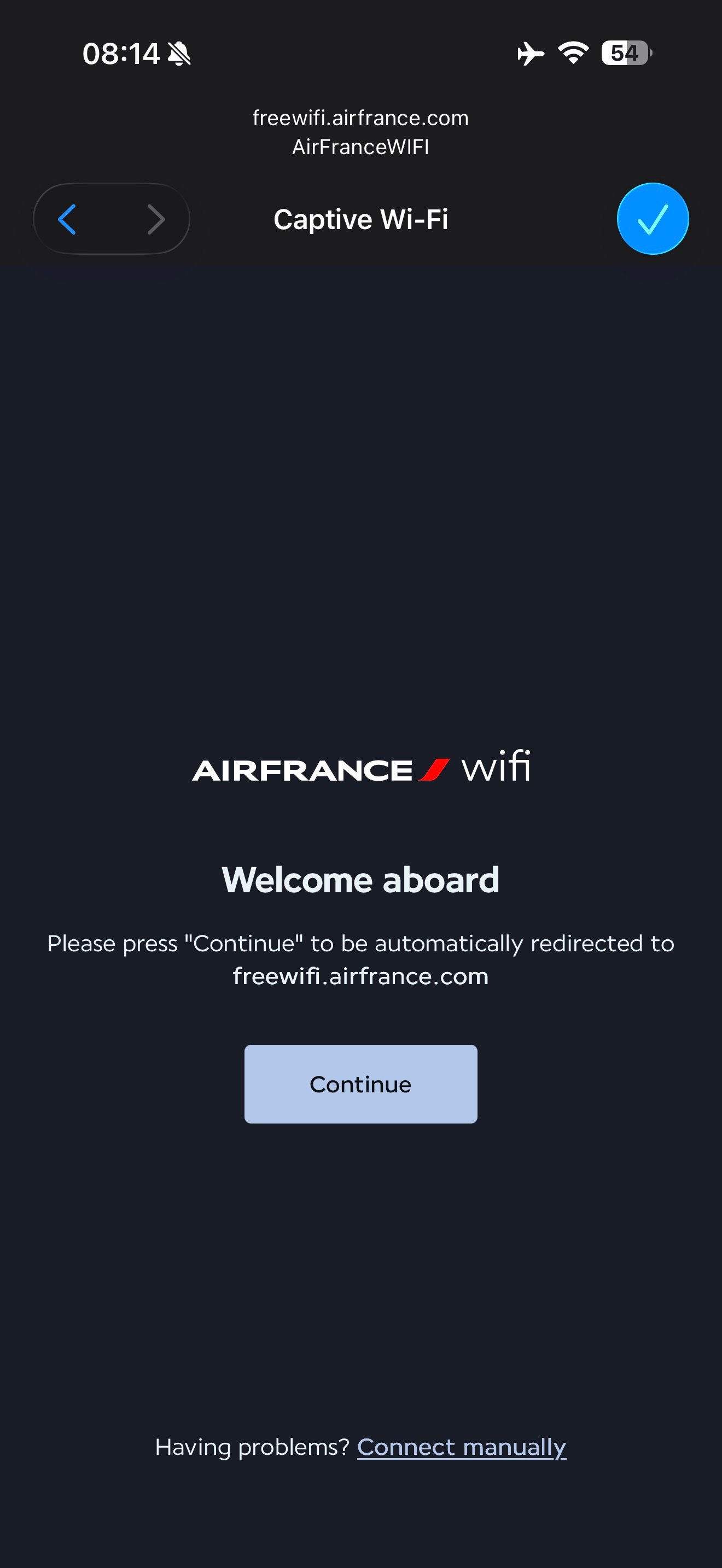 Air France WiFi welcome page on my phone.