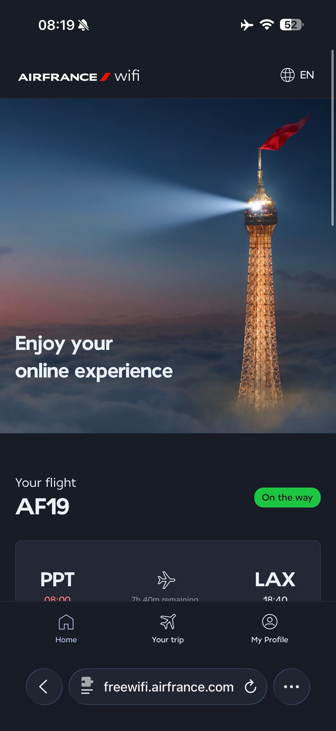 Air France WiFi portal showing flight AF19.