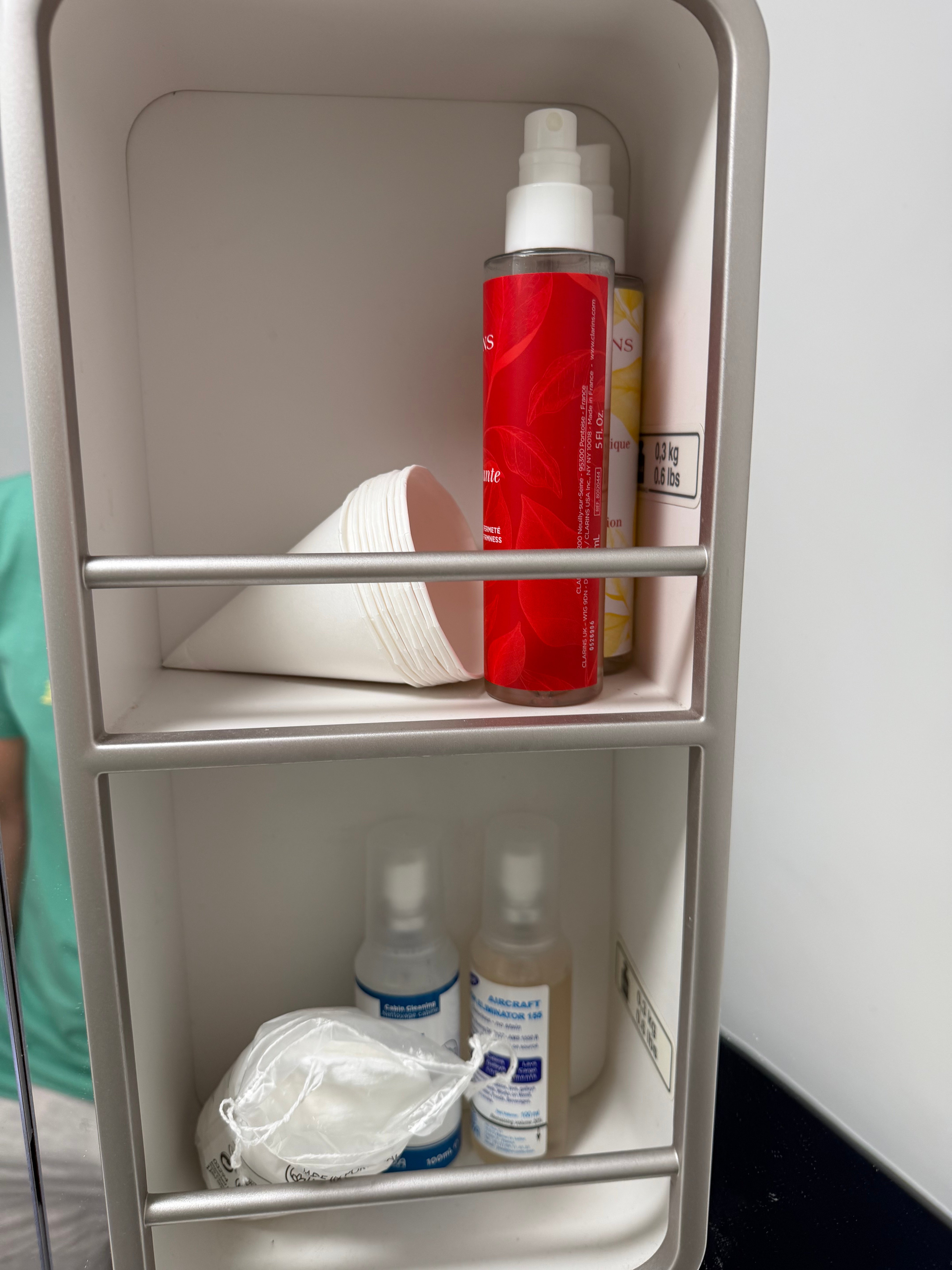 Toiletries and supplies in the lavatory.