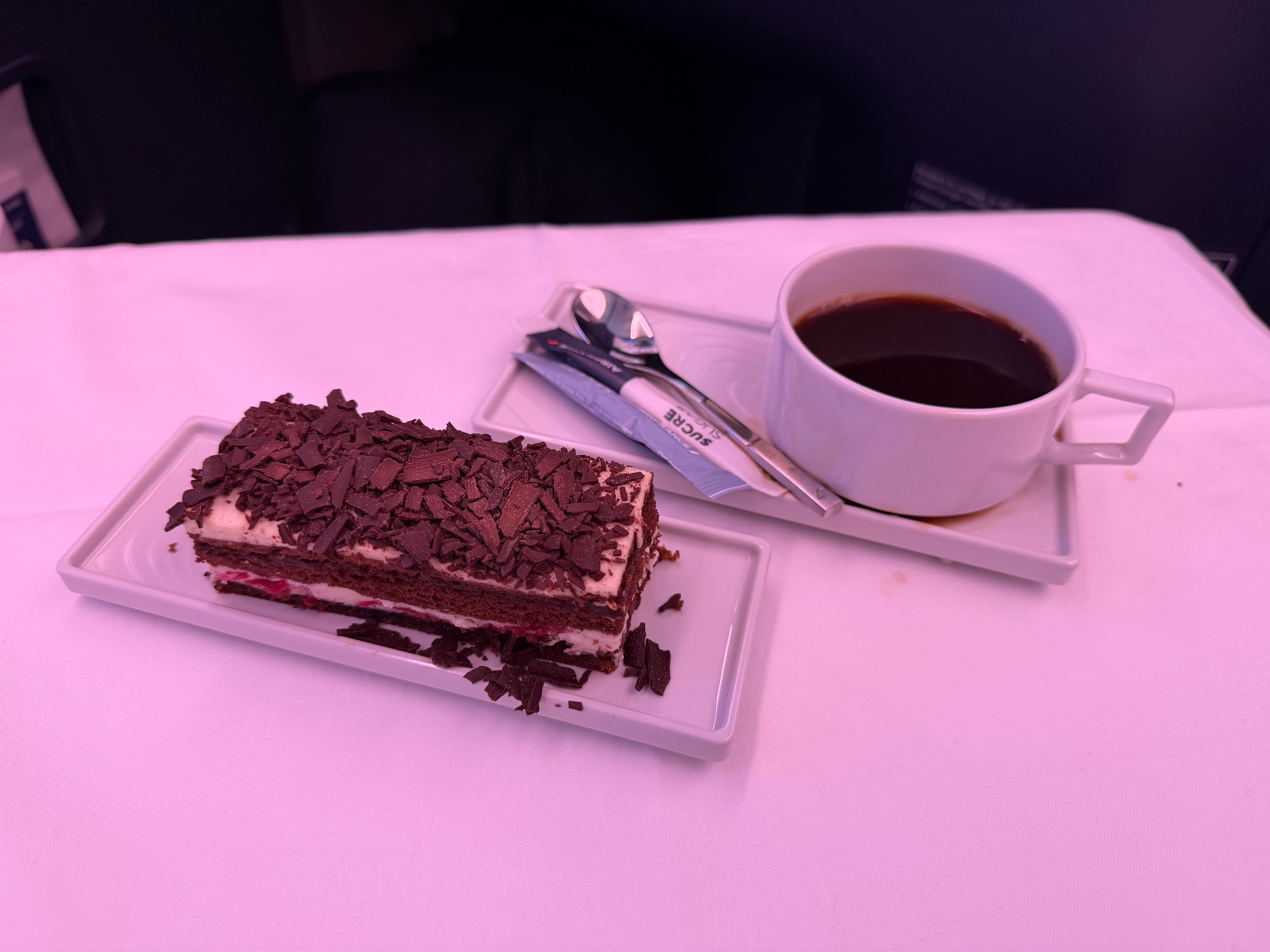 Black Forest cake and coffee for dessert.