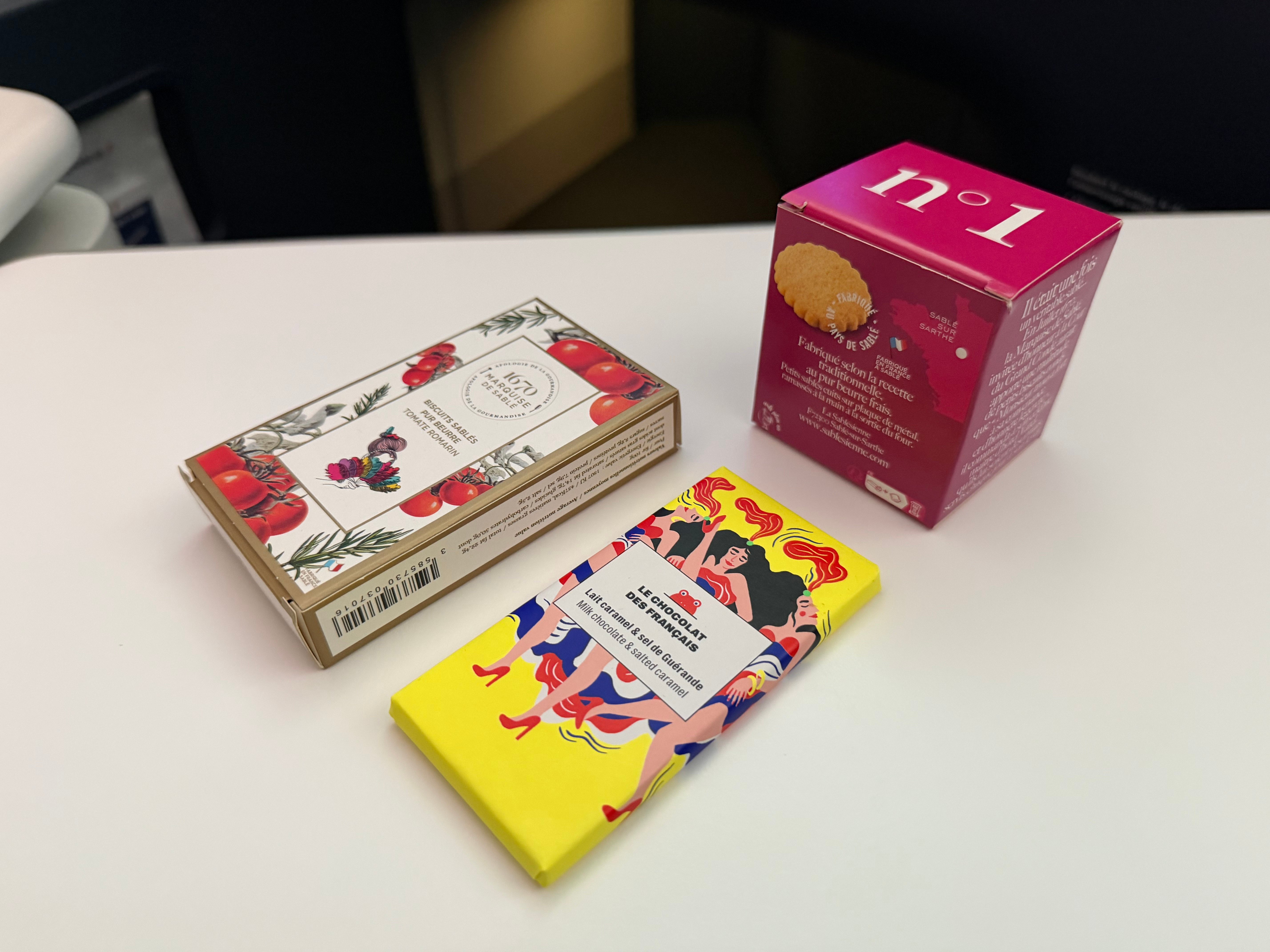 Packaged snacks and chocolate available during the flight.