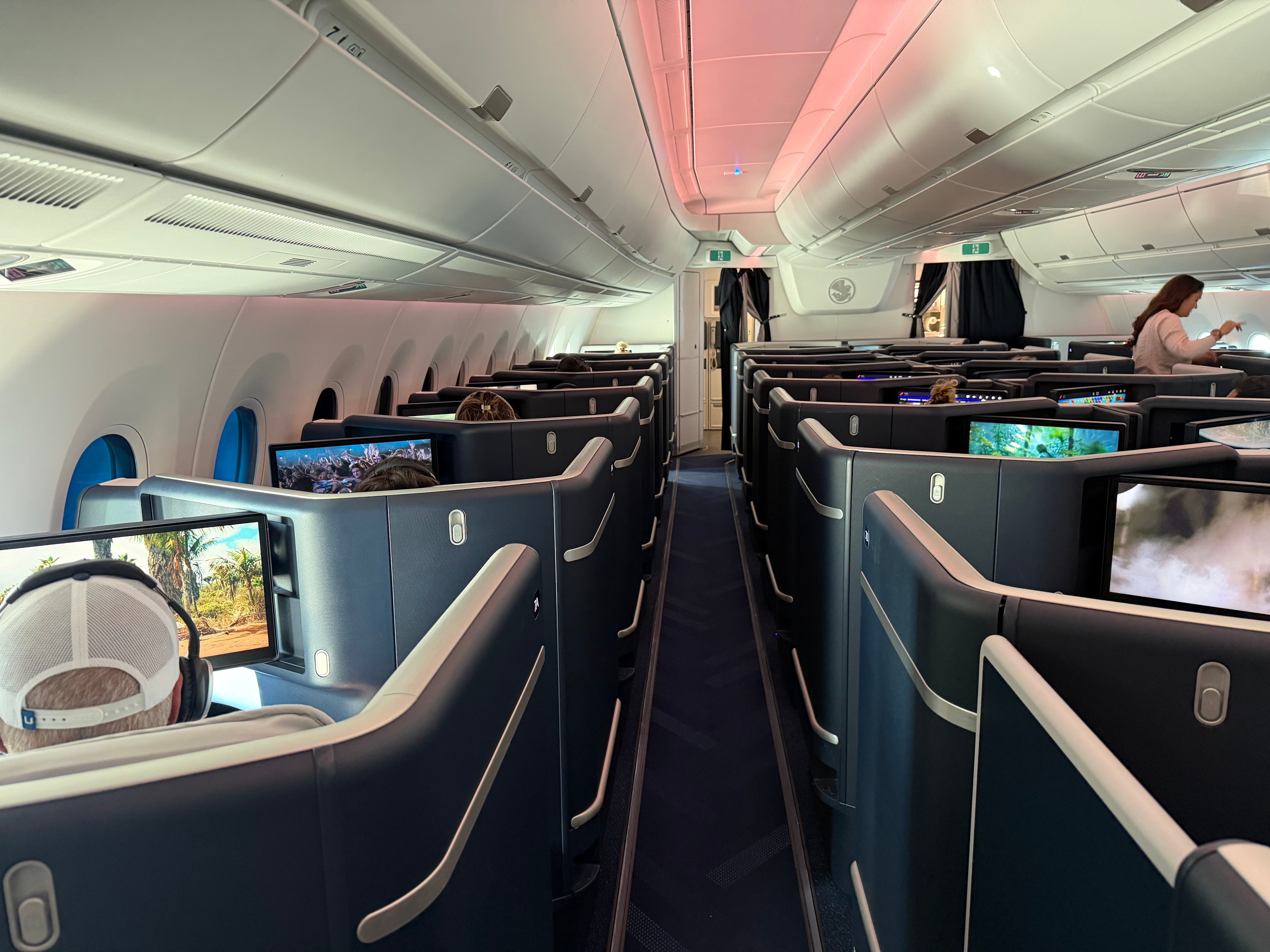 View down the Business Class cabin during the flight.