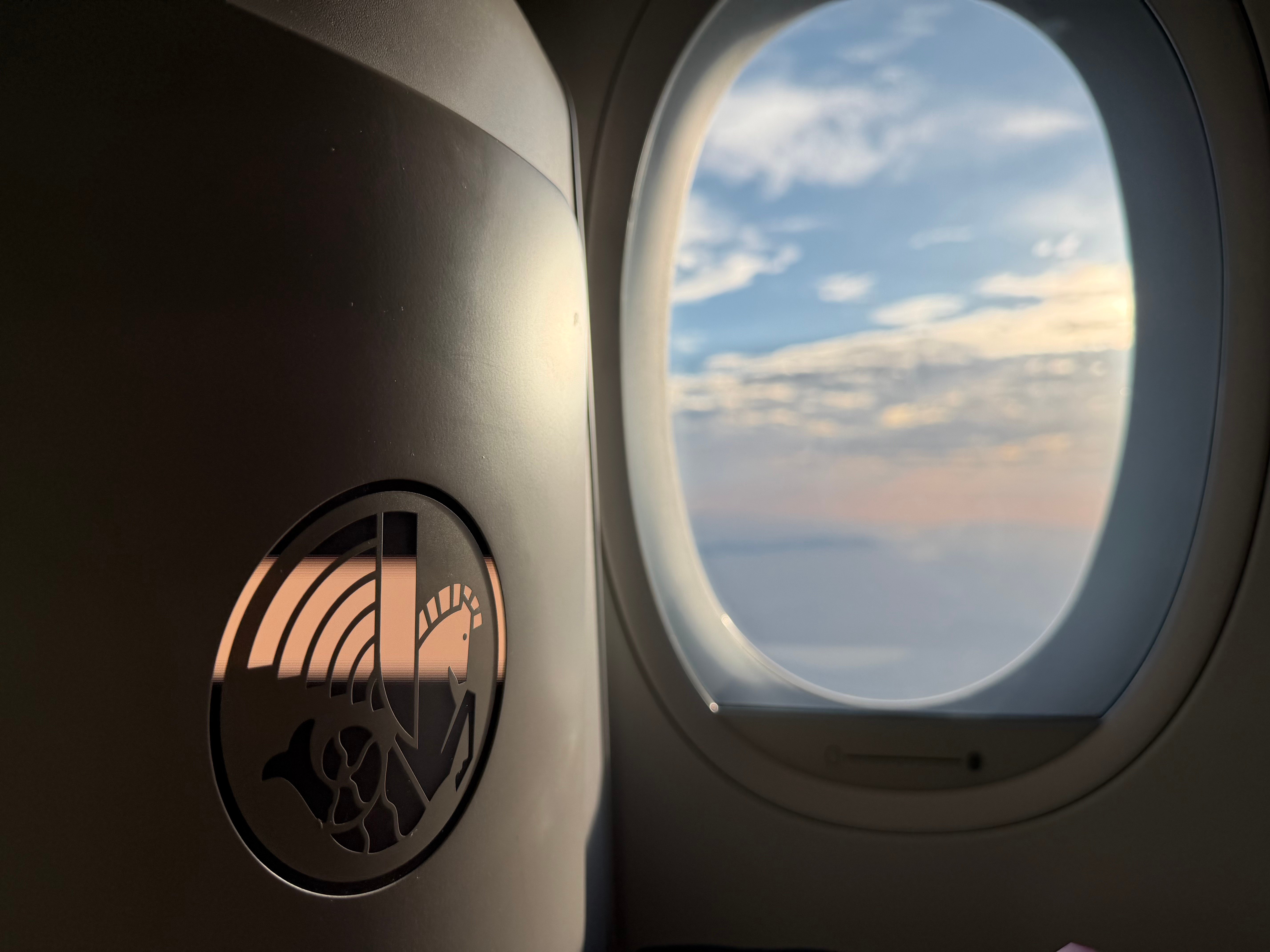 Winged seahorse logo beside the window in evening light.