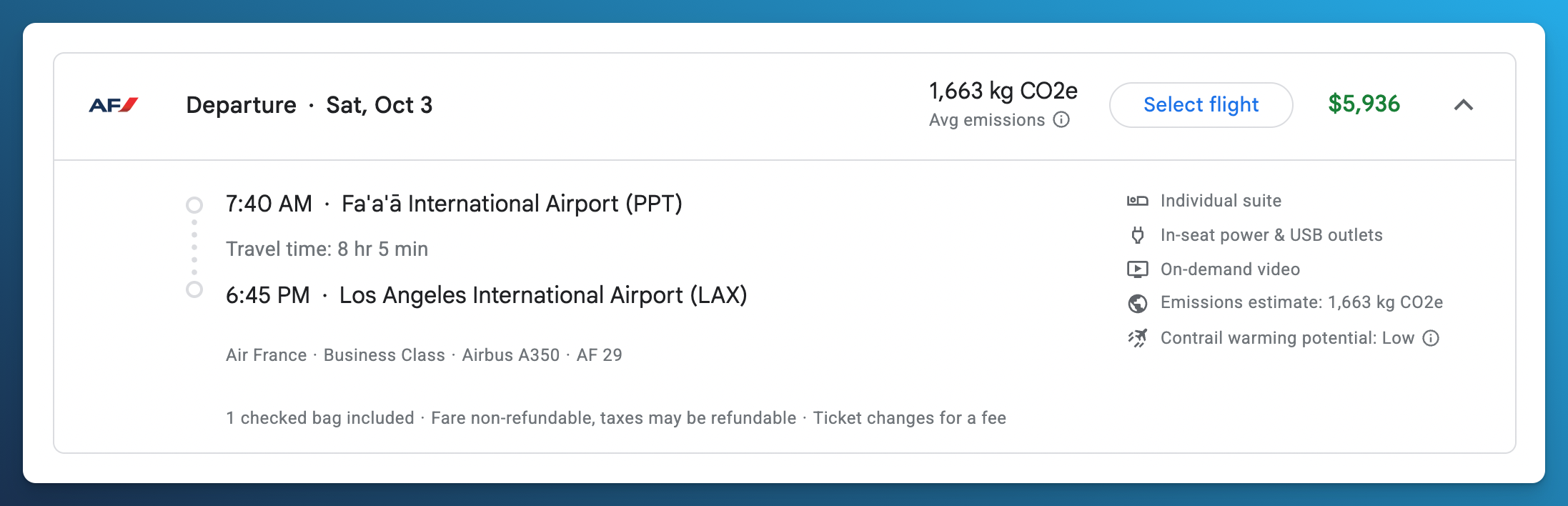 Google Flights showing a USD 5,936 Business Class fare for AF19 from Papeete to Los Angeles on October 3.