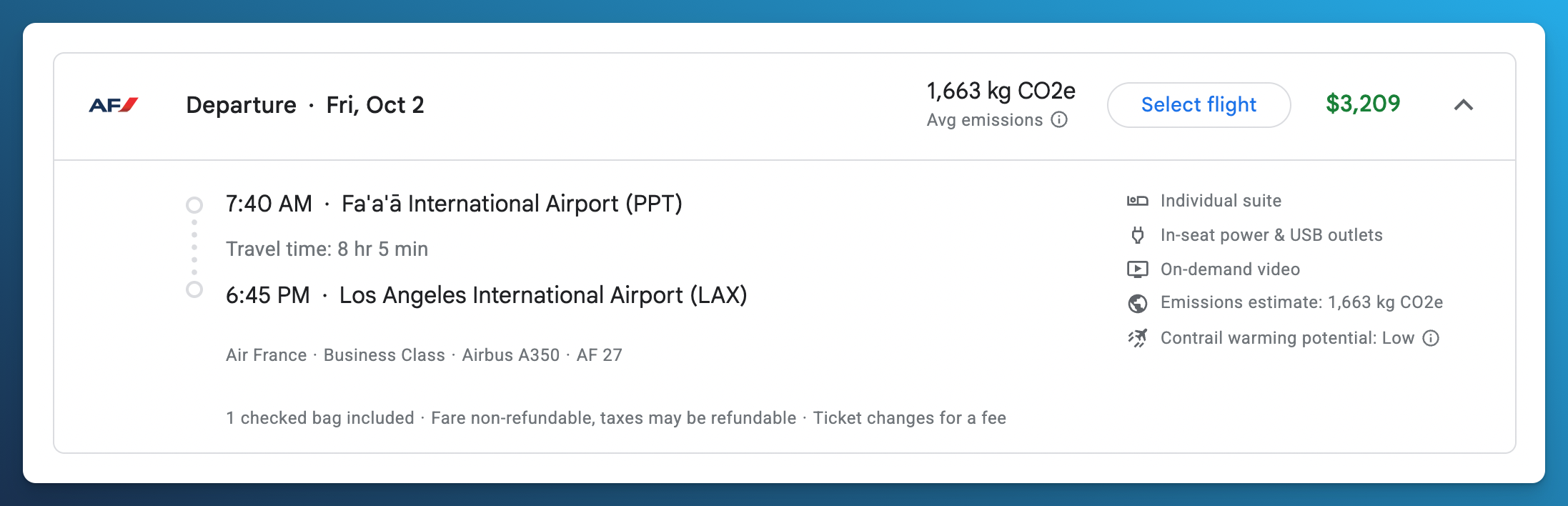 Google Flights showing a USD 3,209 Business Class fare for AF27 from Papeete to Los Angeles on October 2.