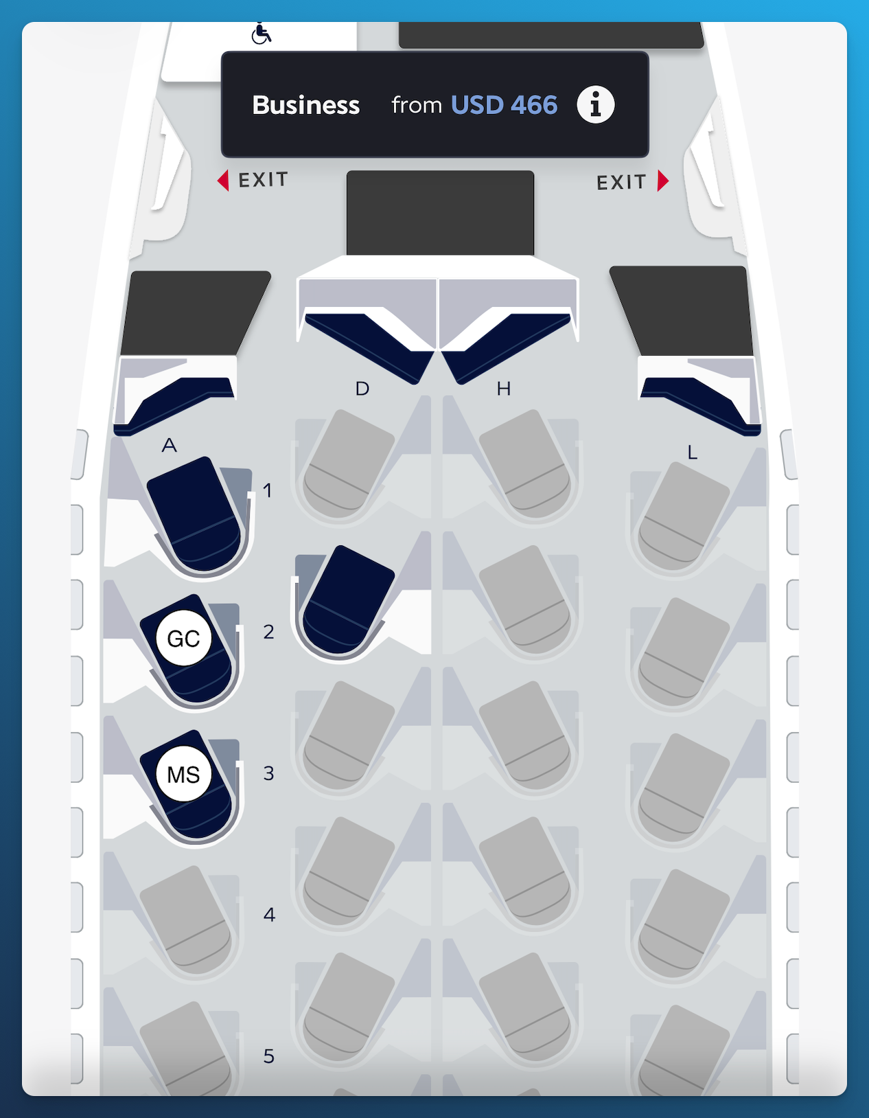 Air France app offering a Business Class upgrade from USD 466 and showing seats 2A and 3A.