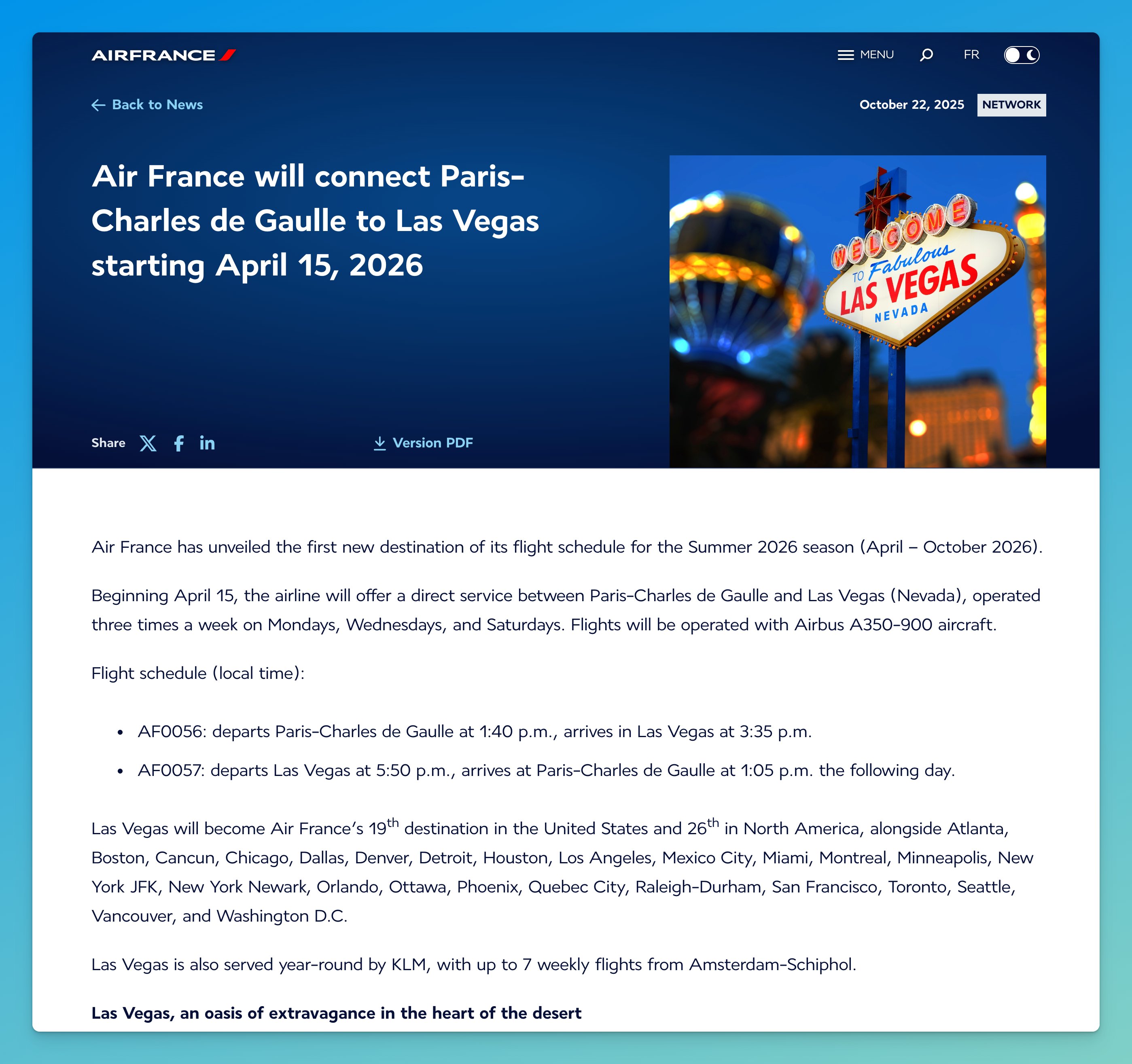 Air France announcement: new Paris-Charles de Gaulle to Las Vegas nonstop starting April 15, 2026