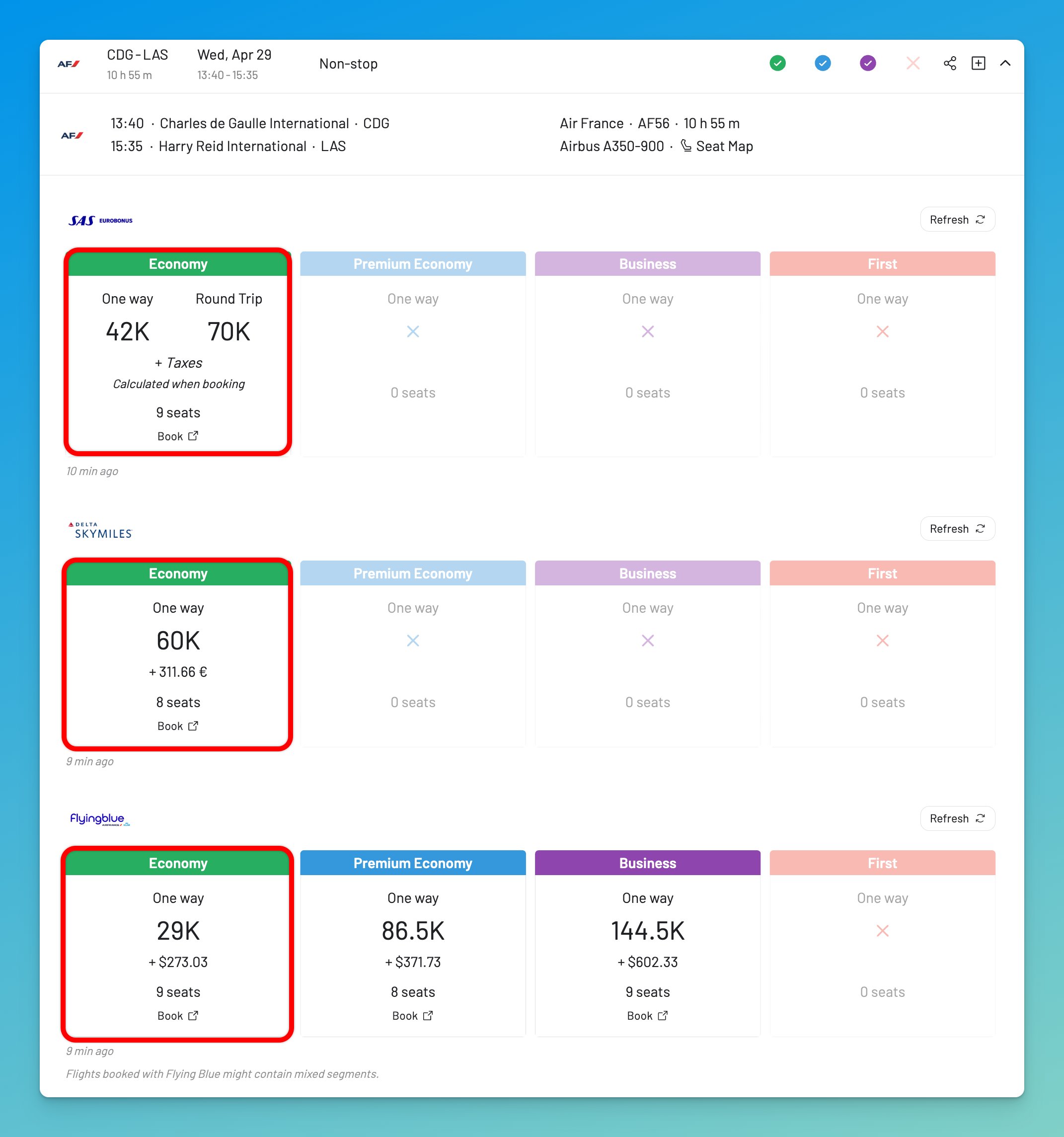 CDG-LAS award pricing comparison across SAS EuroBonus, Delta SkyMiles, and Flying Blue on AwardFares