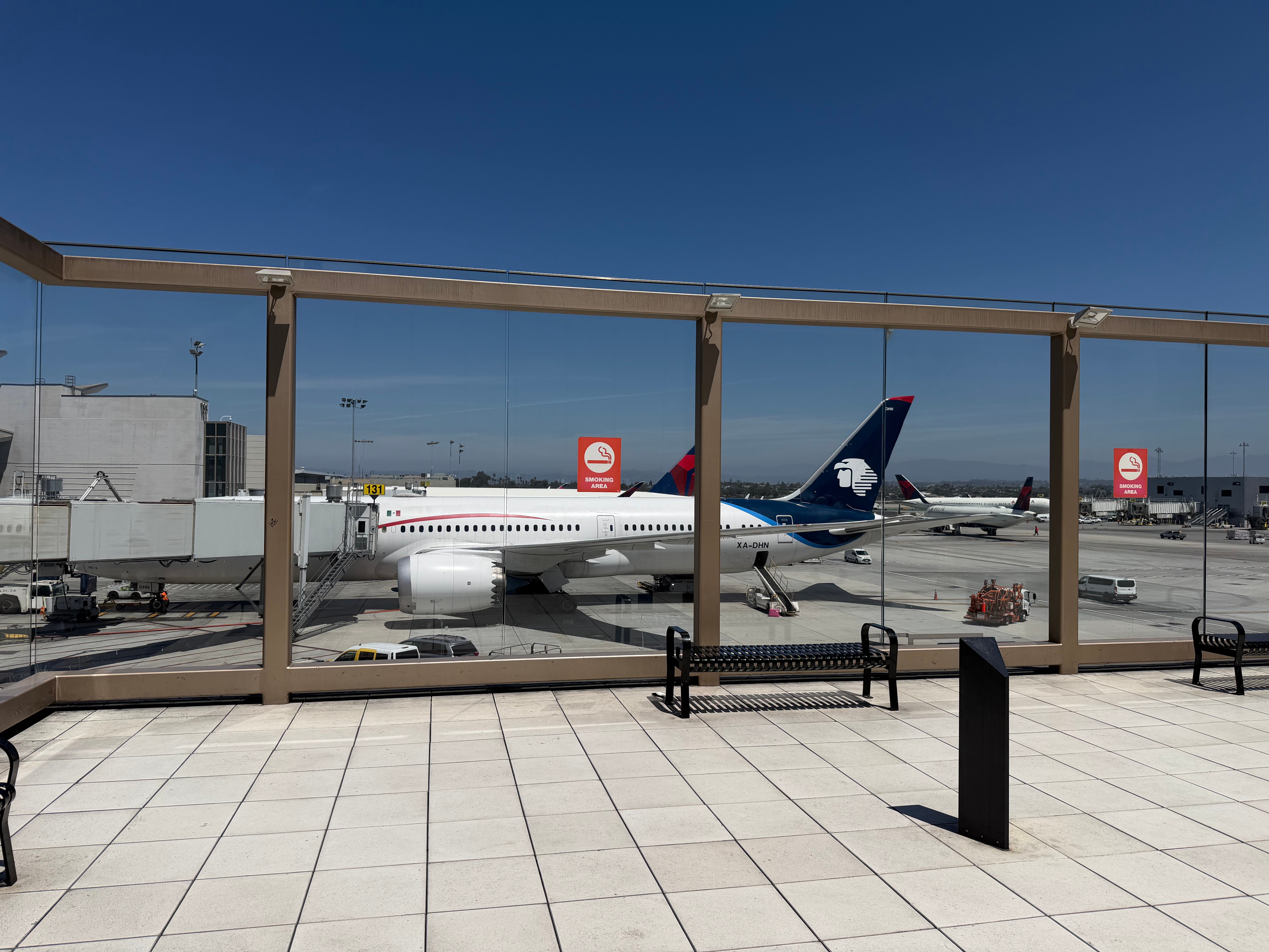 Aircraft view from an outdoor terrace at Los Angeles International Airport.