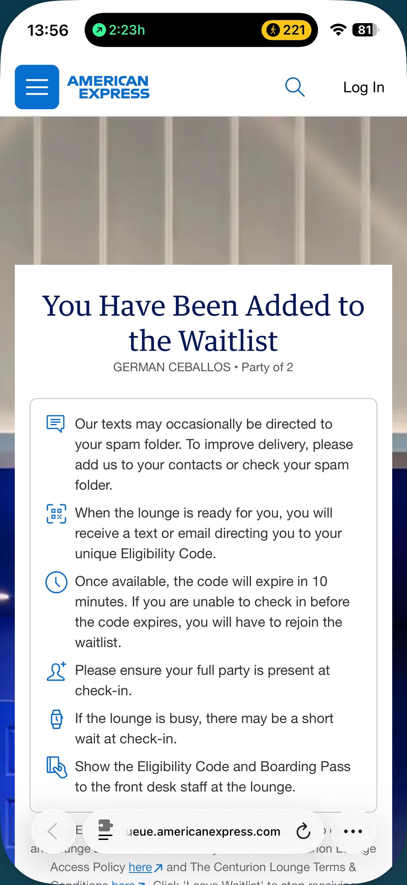 American Express confirmation showing that two passengers had joined the Centurion Lounge waitlist at LAX.