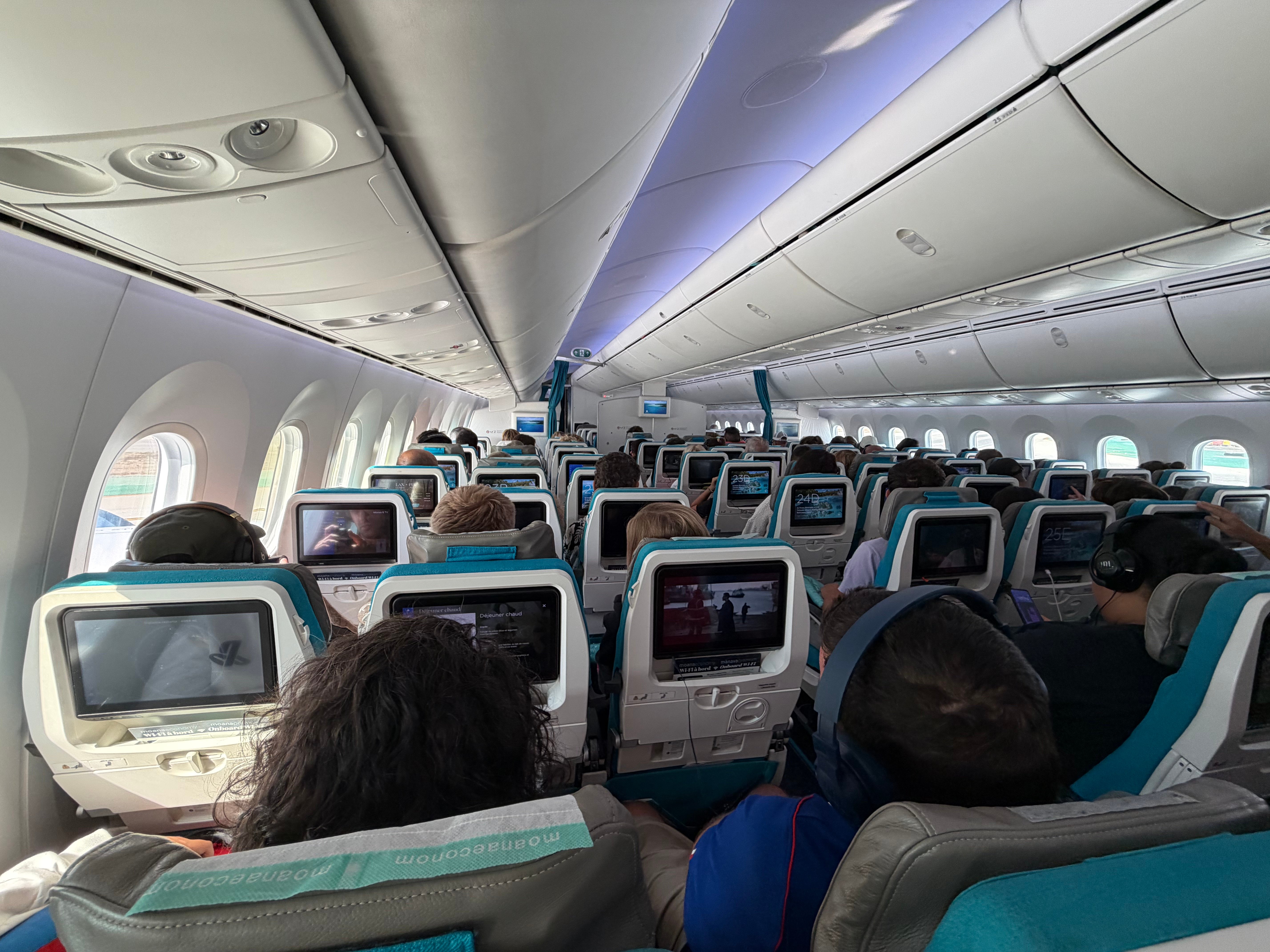 Air Tahiti Nui Moana Economy cabin before takeoff from Los Angeles.
