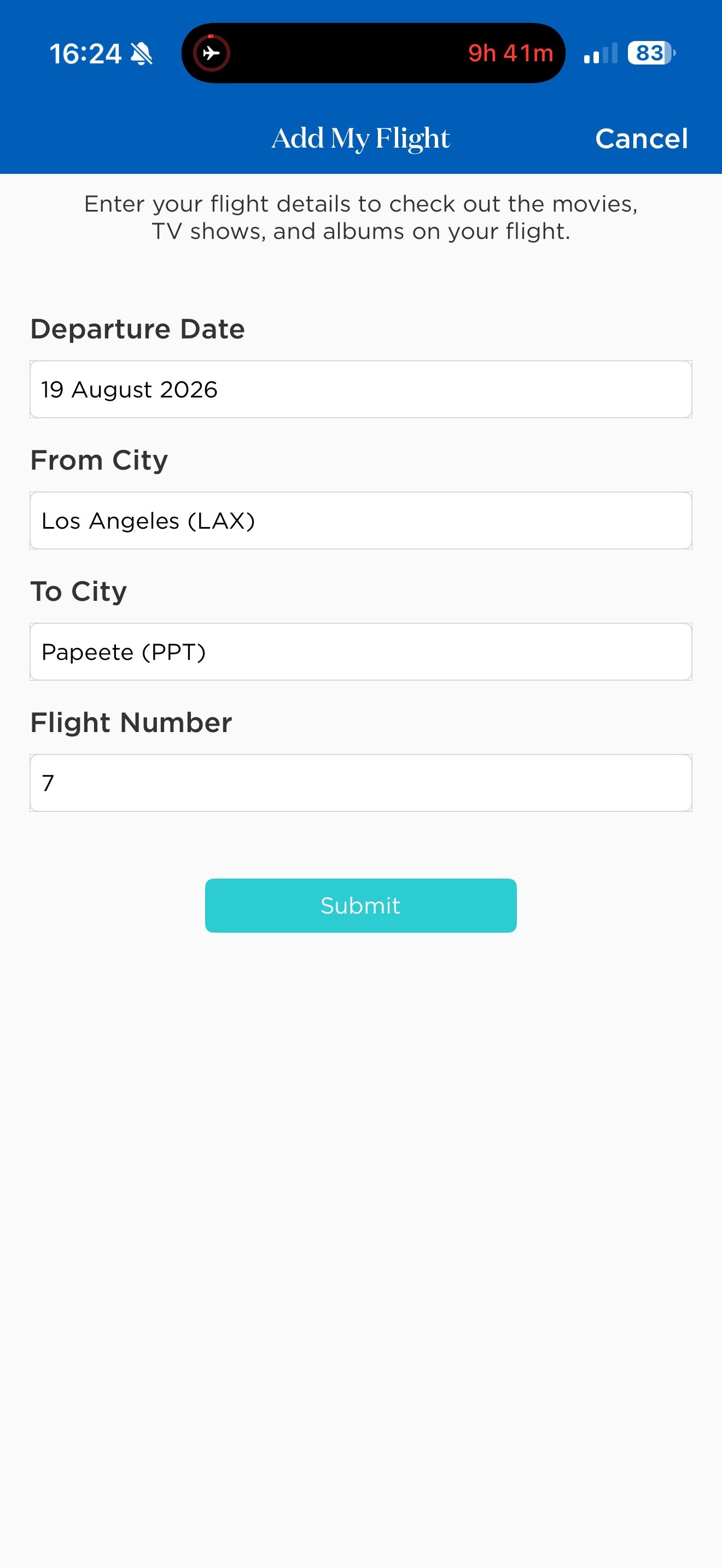 Air Tahiti Nui entertainment app asking for the travel date, route, and flight number.