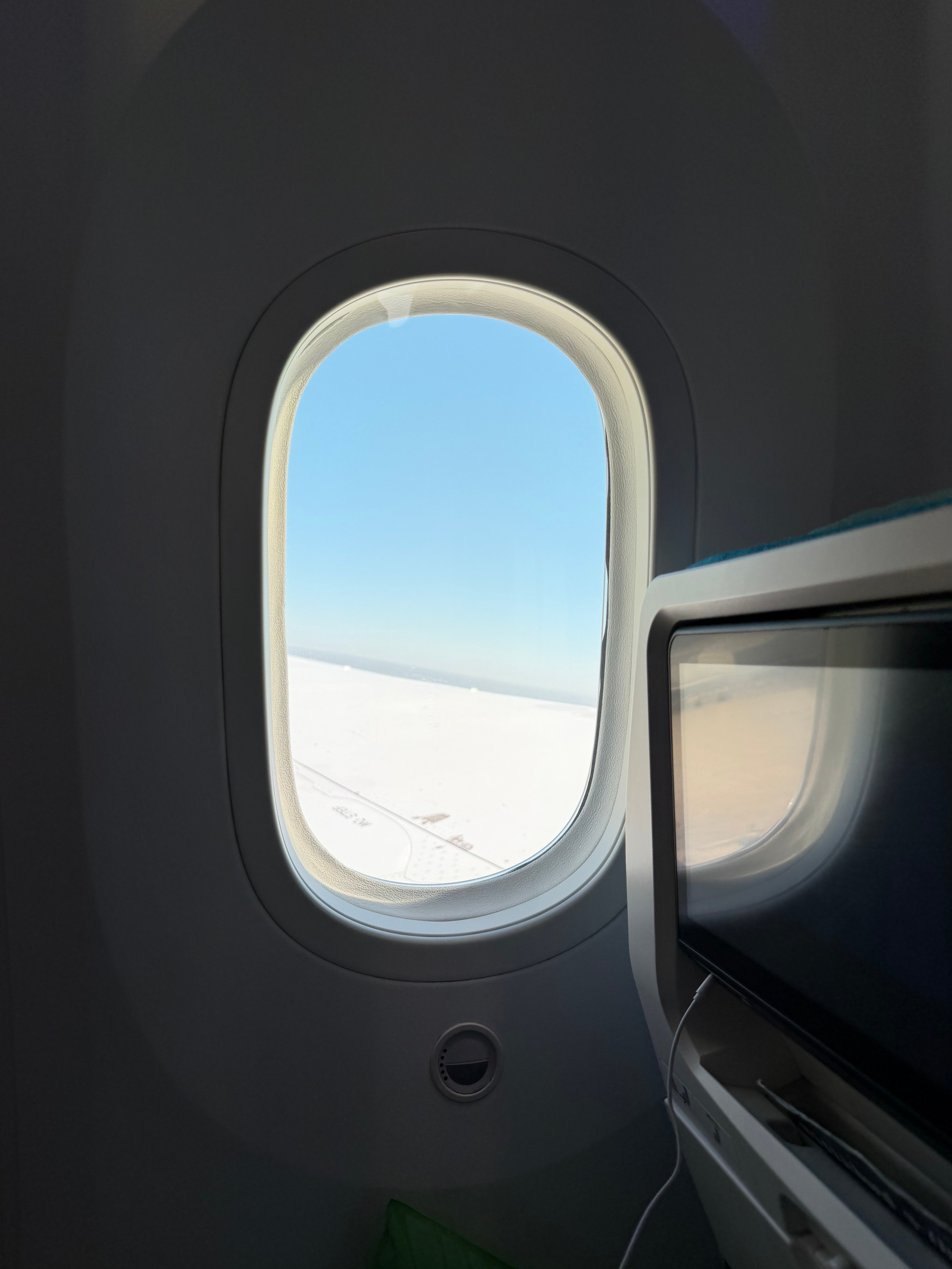 Air Tahiti Nui Boeing 787-9 wing seen through the window after leaving Los Angeles.