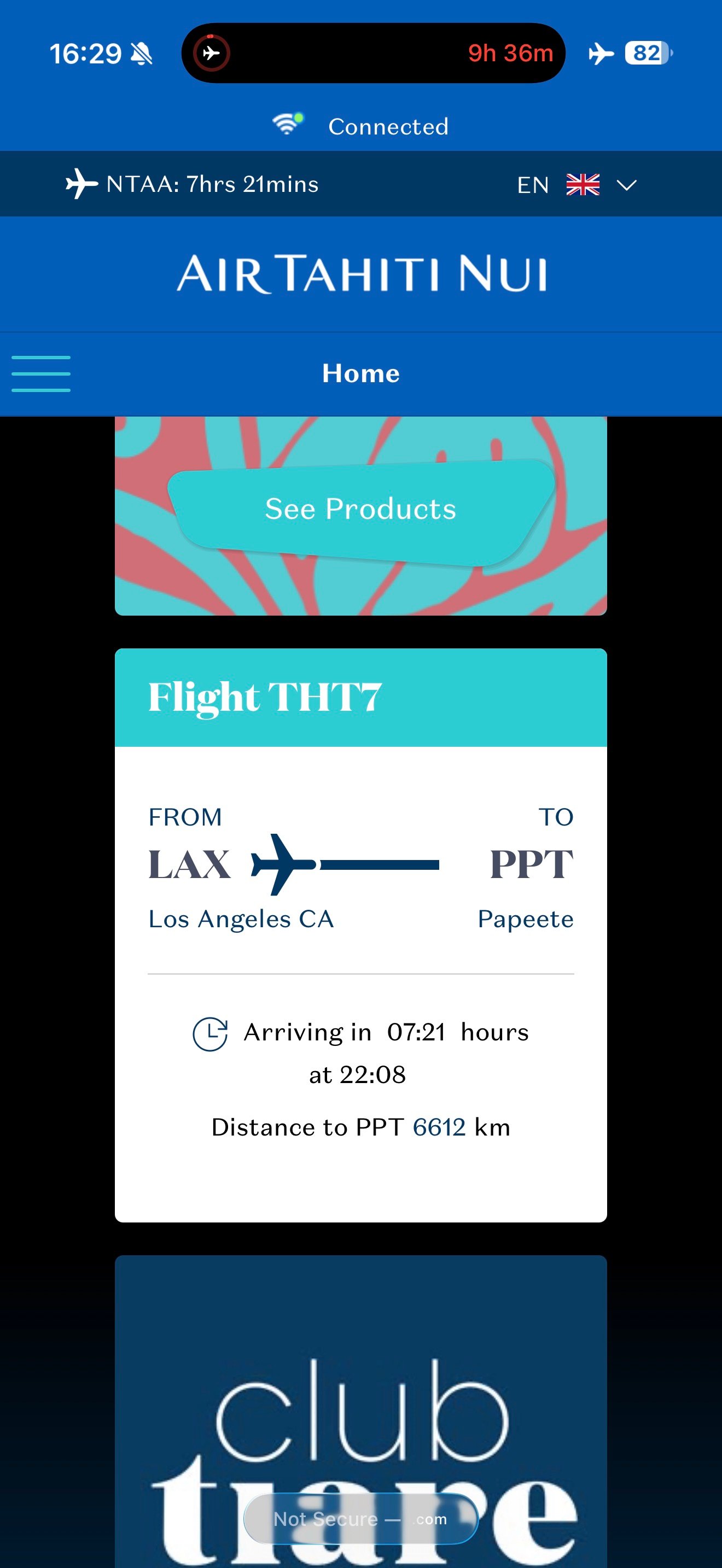 Air Tahiti Nui inflight portal showing TN7 route and arrival information.