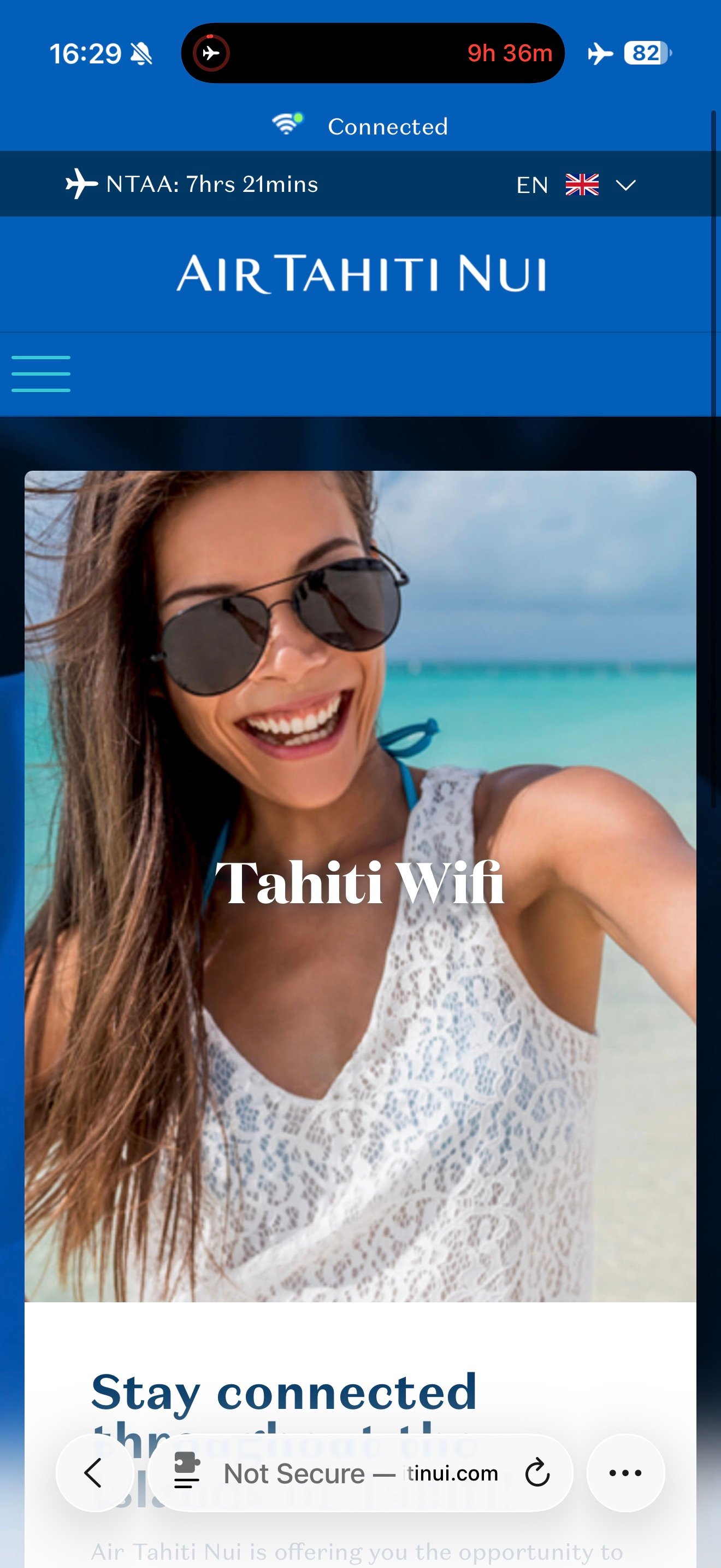 Air Tahiti Nui Tahiti WiFi portal welcome page.