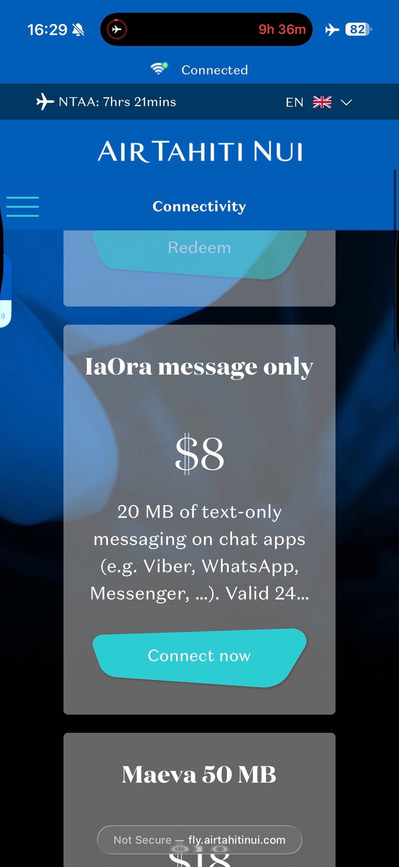 Air Tahiti Nui WiFi messaging plan with 20 MB of data for 8 dollars.