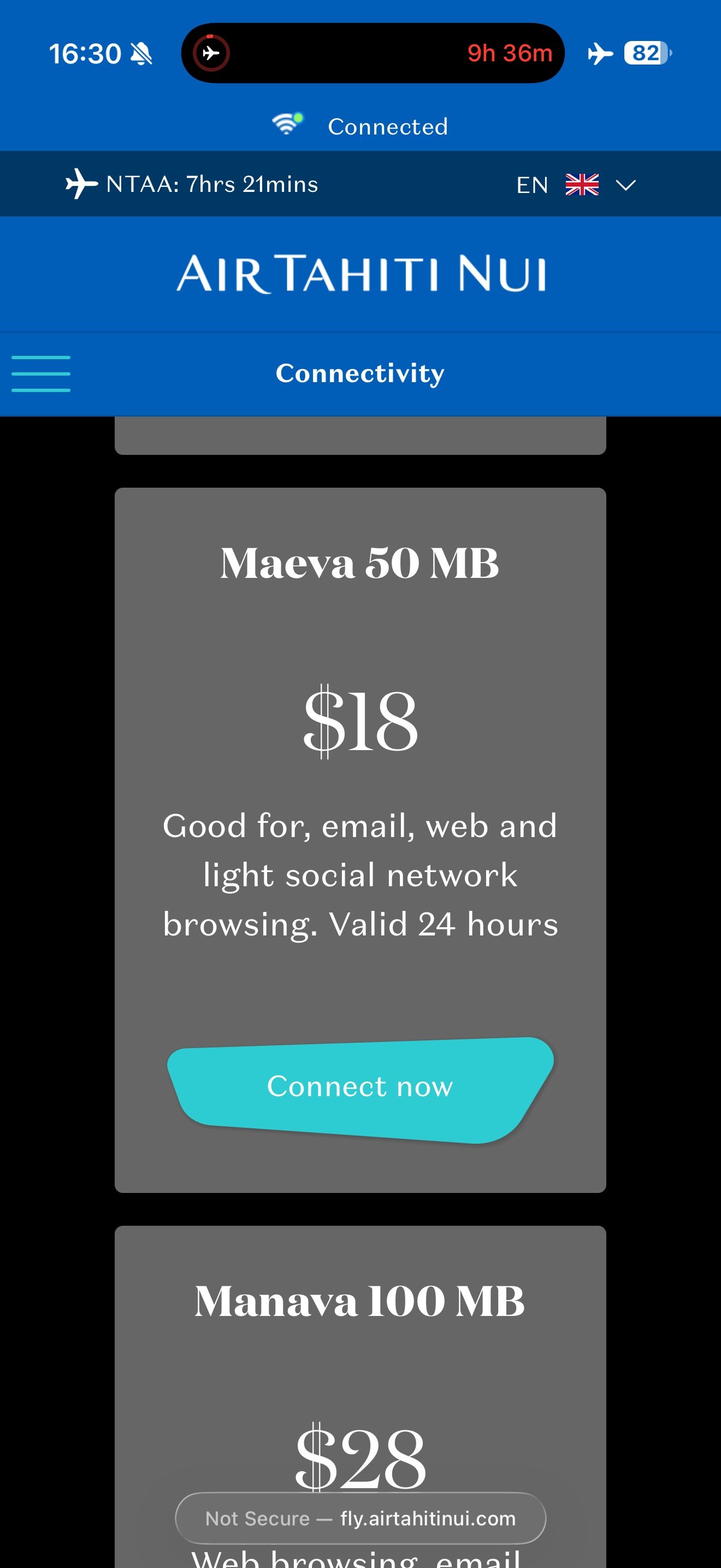 Air Tahiti Nui Maeva WiFi plan with 50 MB of data for 18 dollars.