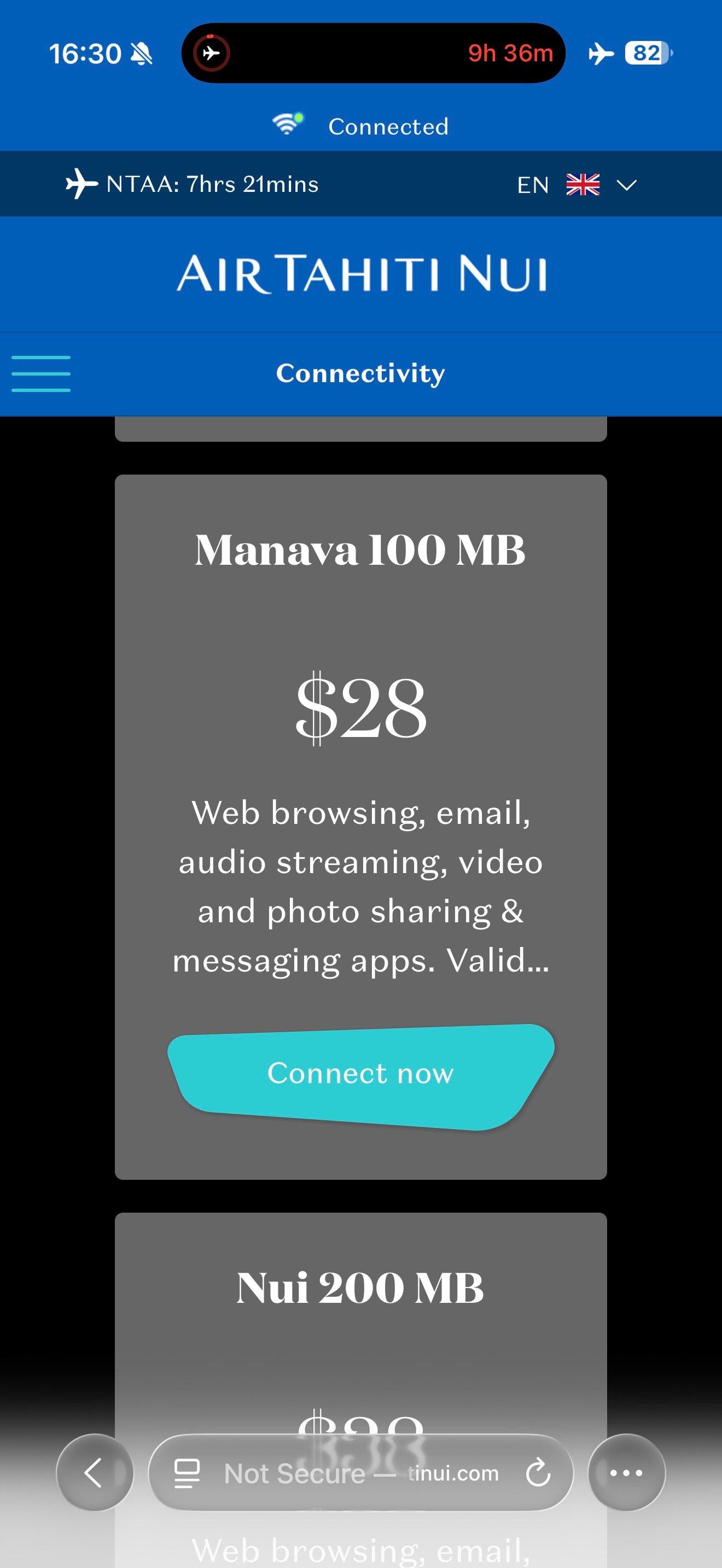 Air Tahiti Nui Manava WiFi plan with 100 MB of data for 28 dollars.