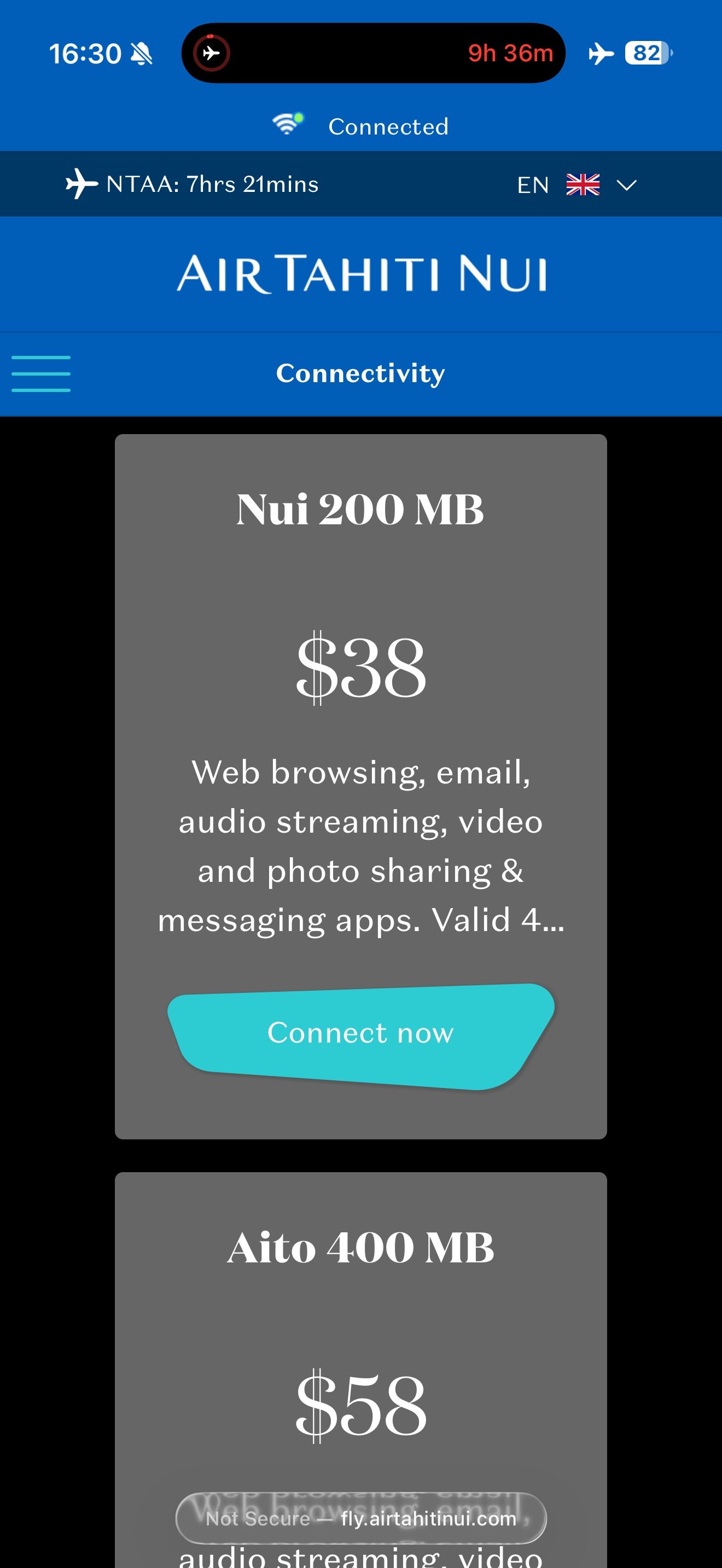 Air Tahiti Nui Nui WiFi plan with 200 MB of data for 38 dollars.
