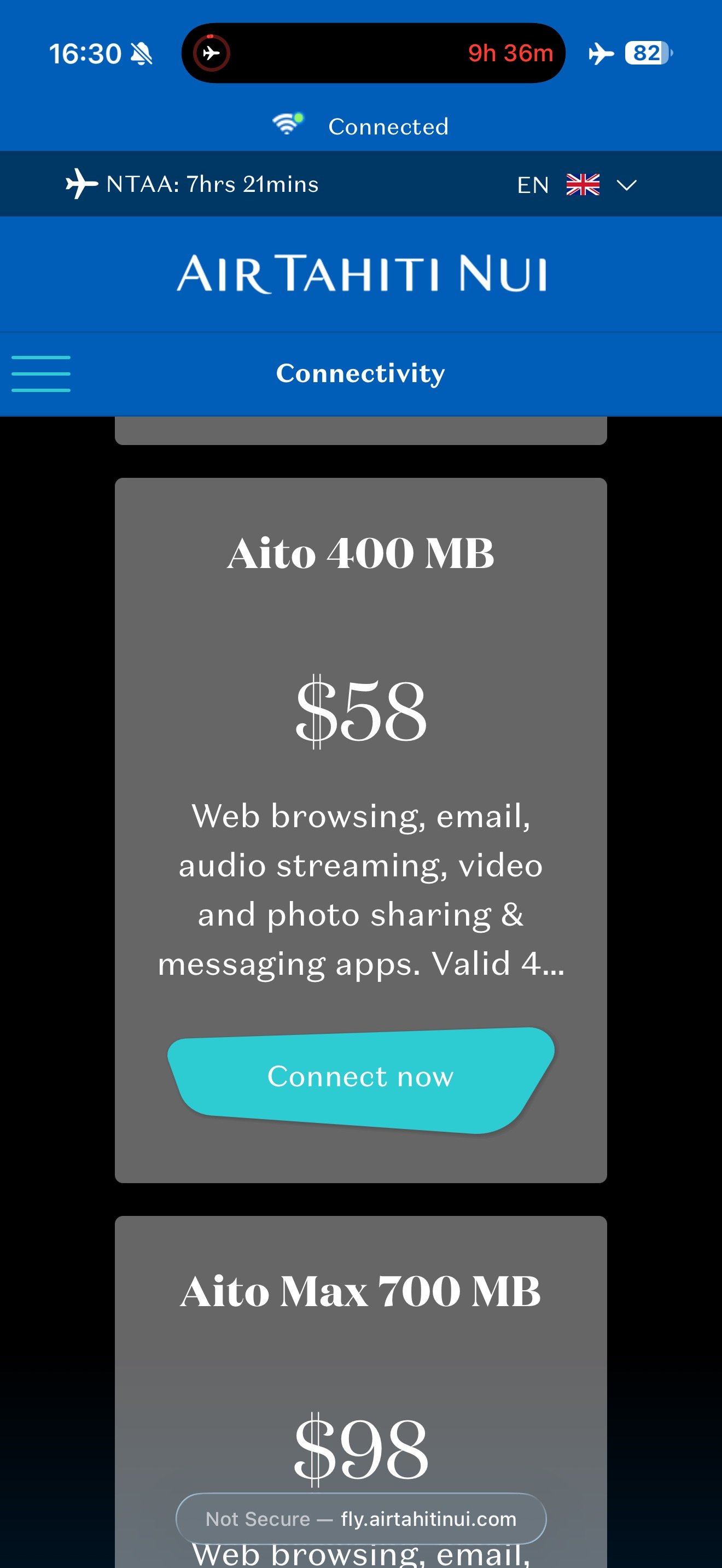 Air Tahiti Nui Aito WiFi plan with 400 MB of data for 58 dollars.