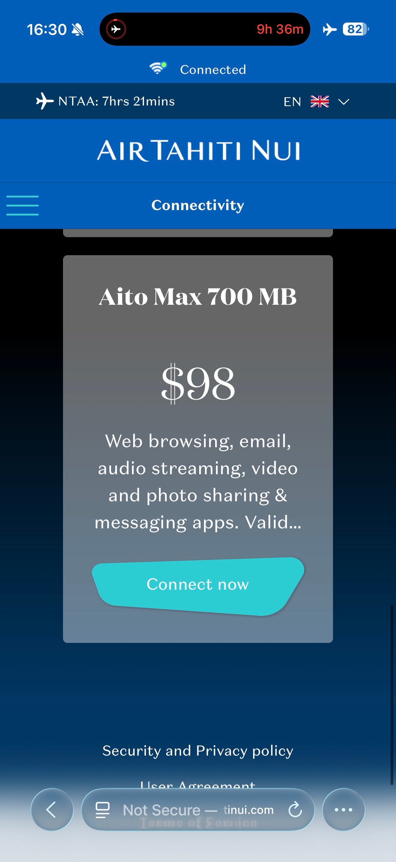 Air Tahiti Nui Aito Max WiFi plan with 700 MB of data for 98 dollars.