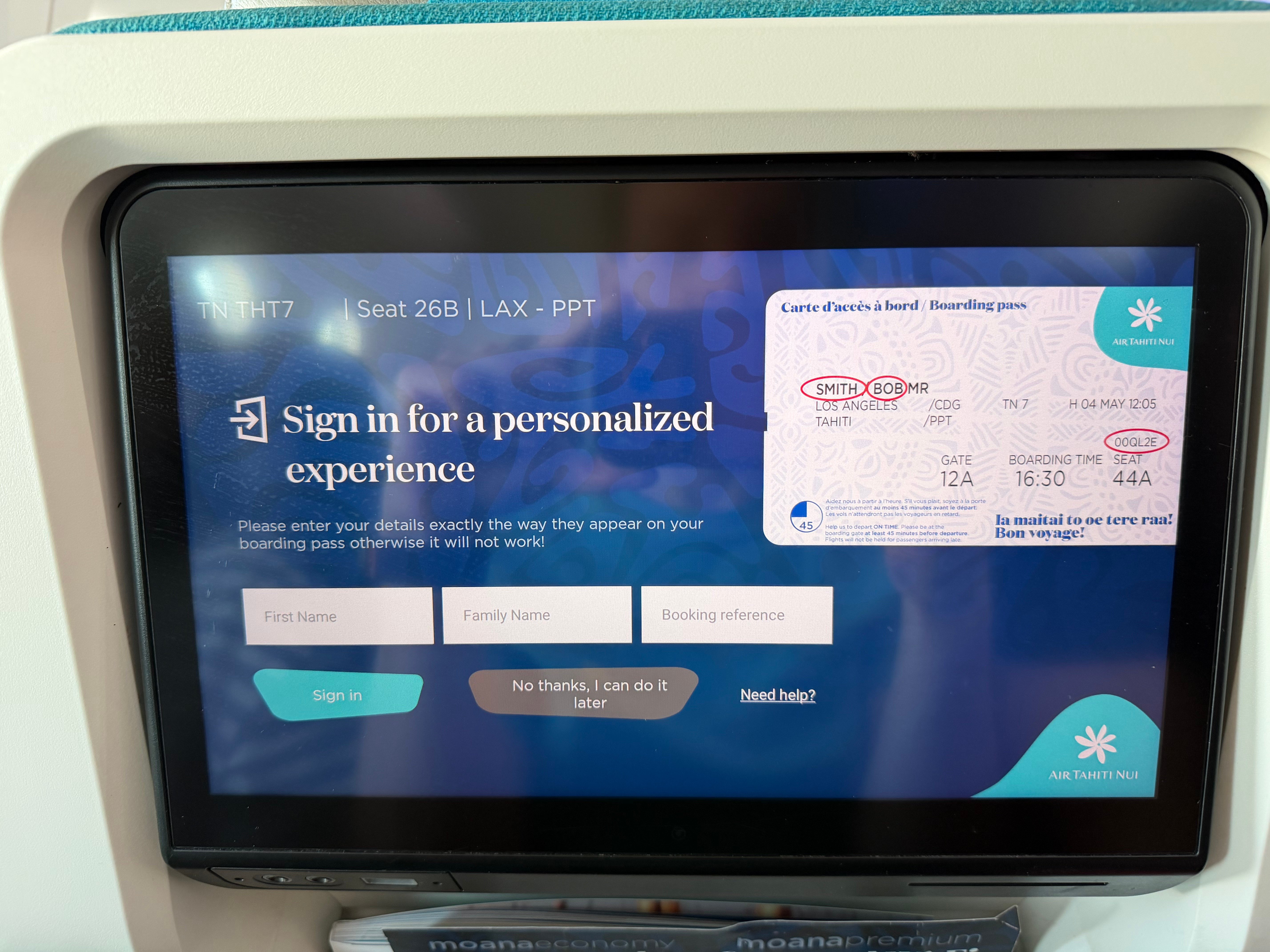 Personalized sign in page on the Air Tahiti Nui seatback entertainment system.