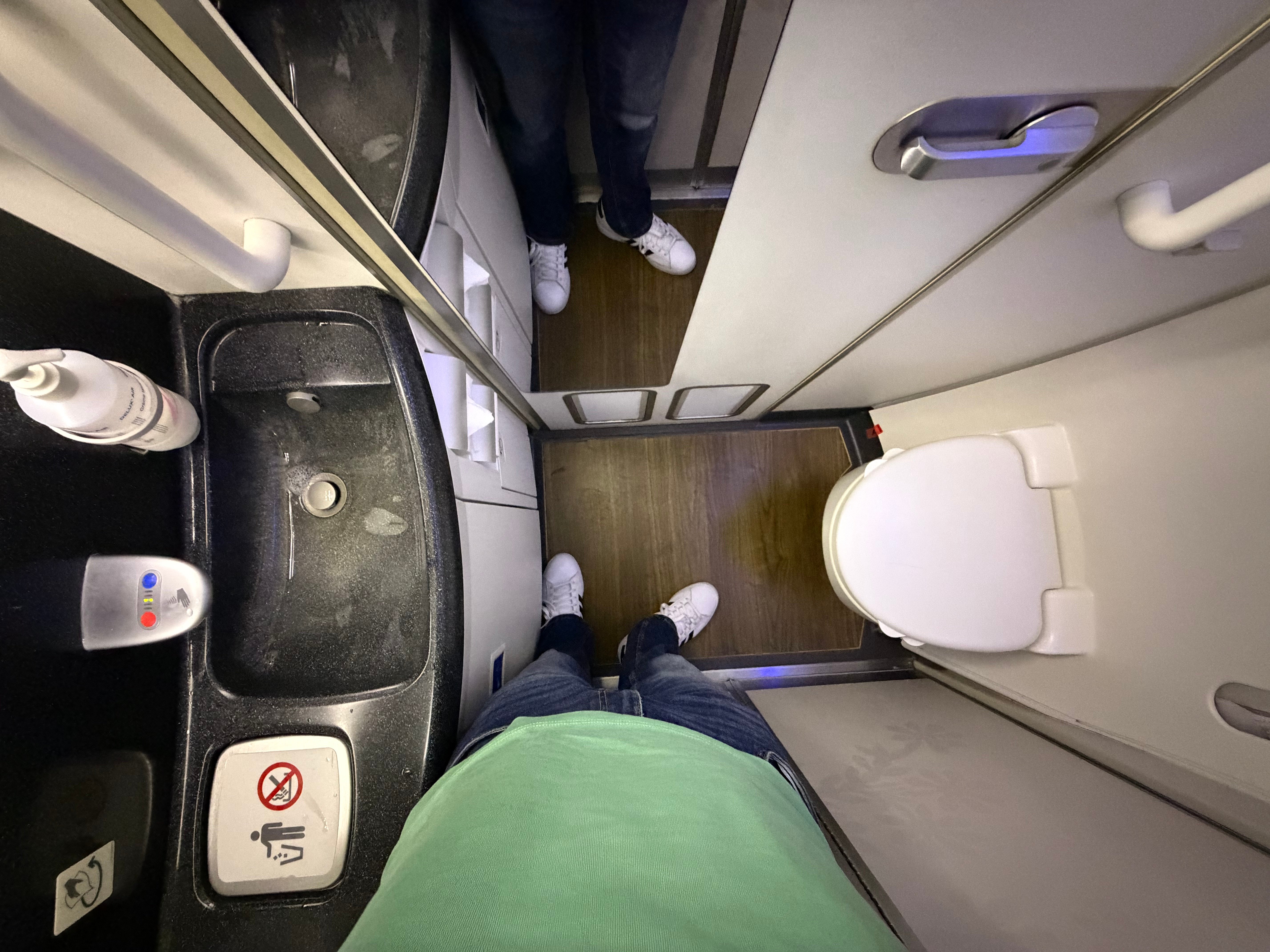 Interior space inside an Air Tahiti Nui Boeing 787-9 lavatory.