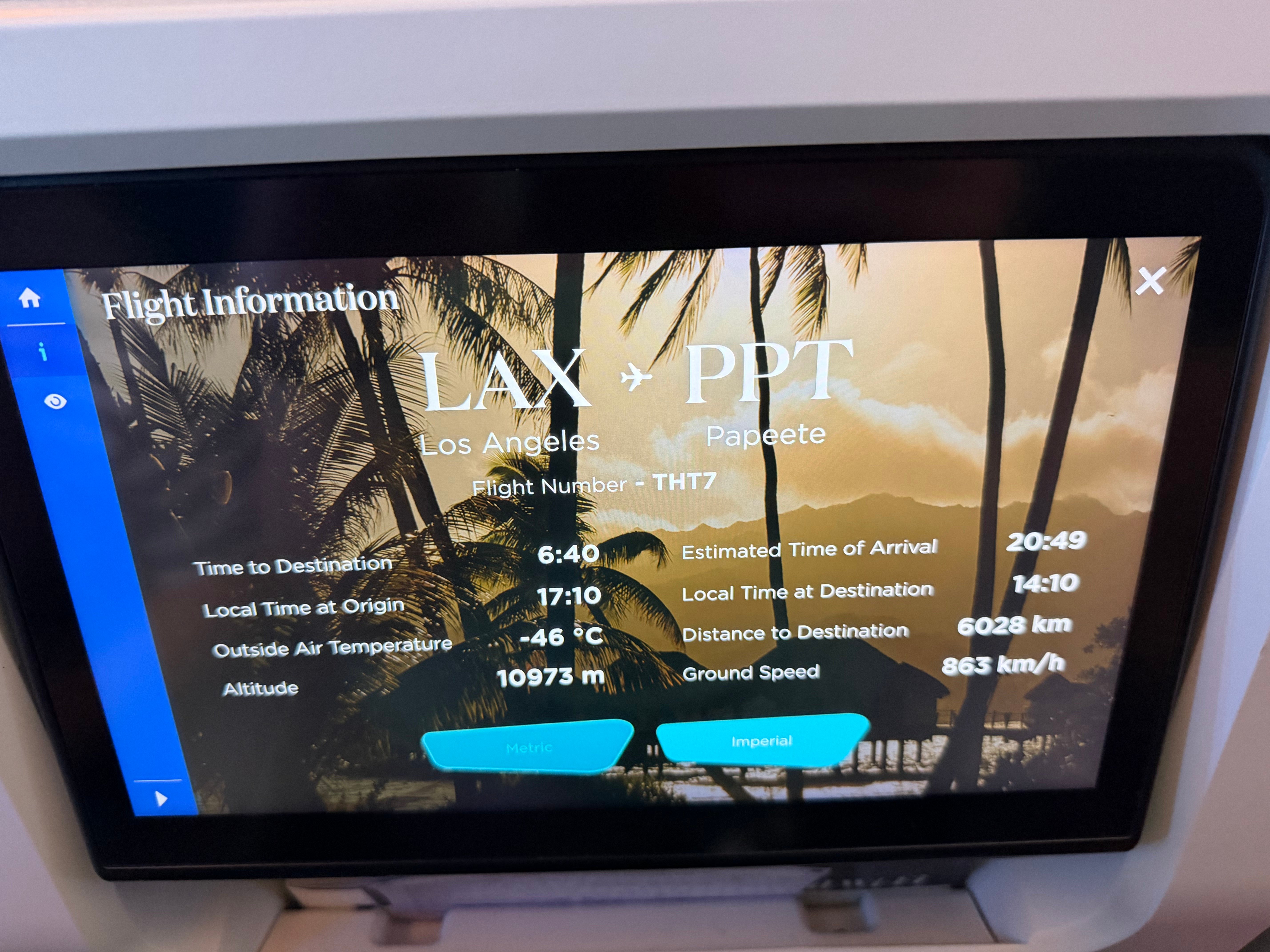 Flight information page on the Air Tahiti Nui entertainment screen.