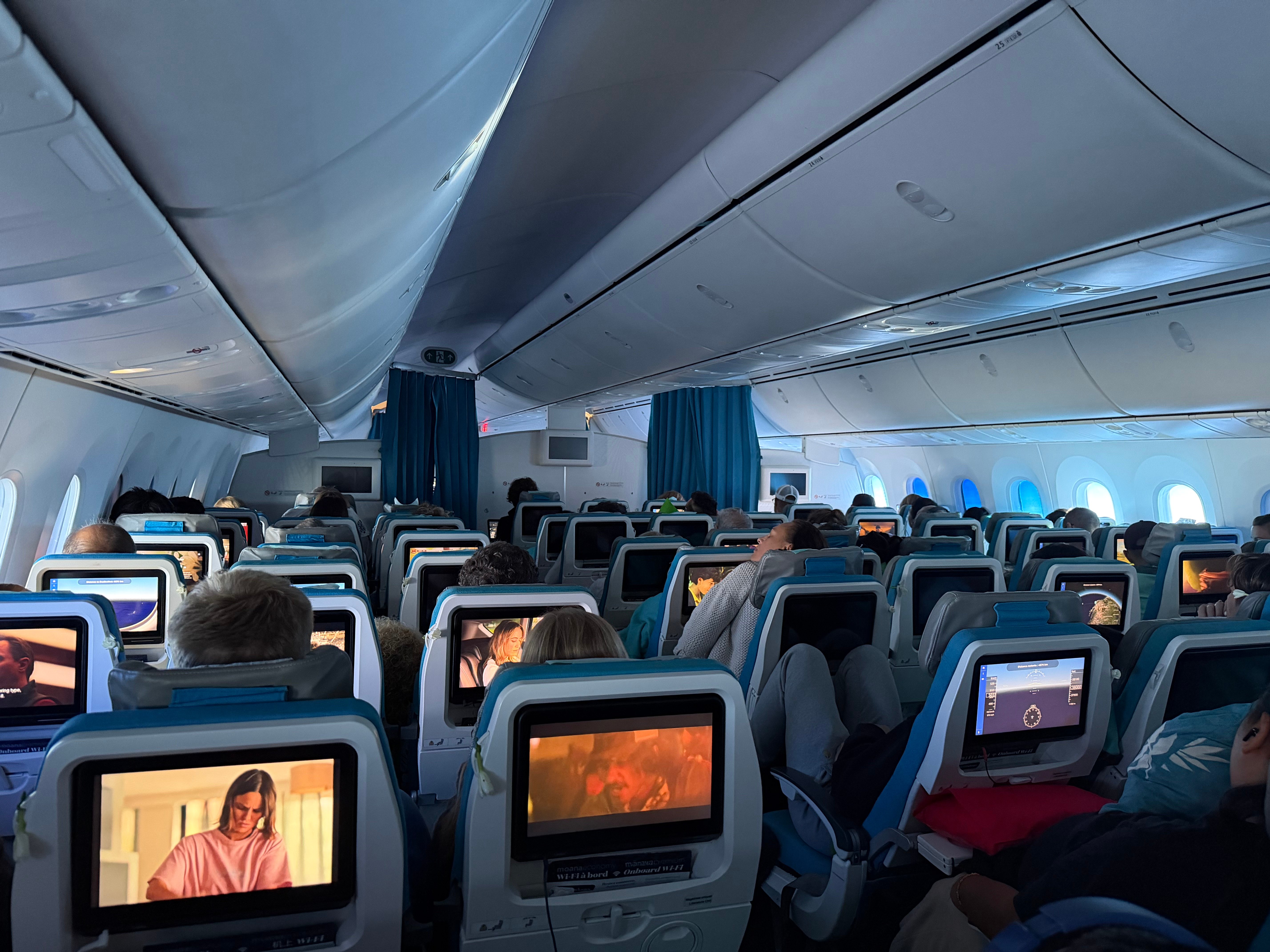 Air Tahiti Nui Moana Economy cabin during the flight to Papeete.