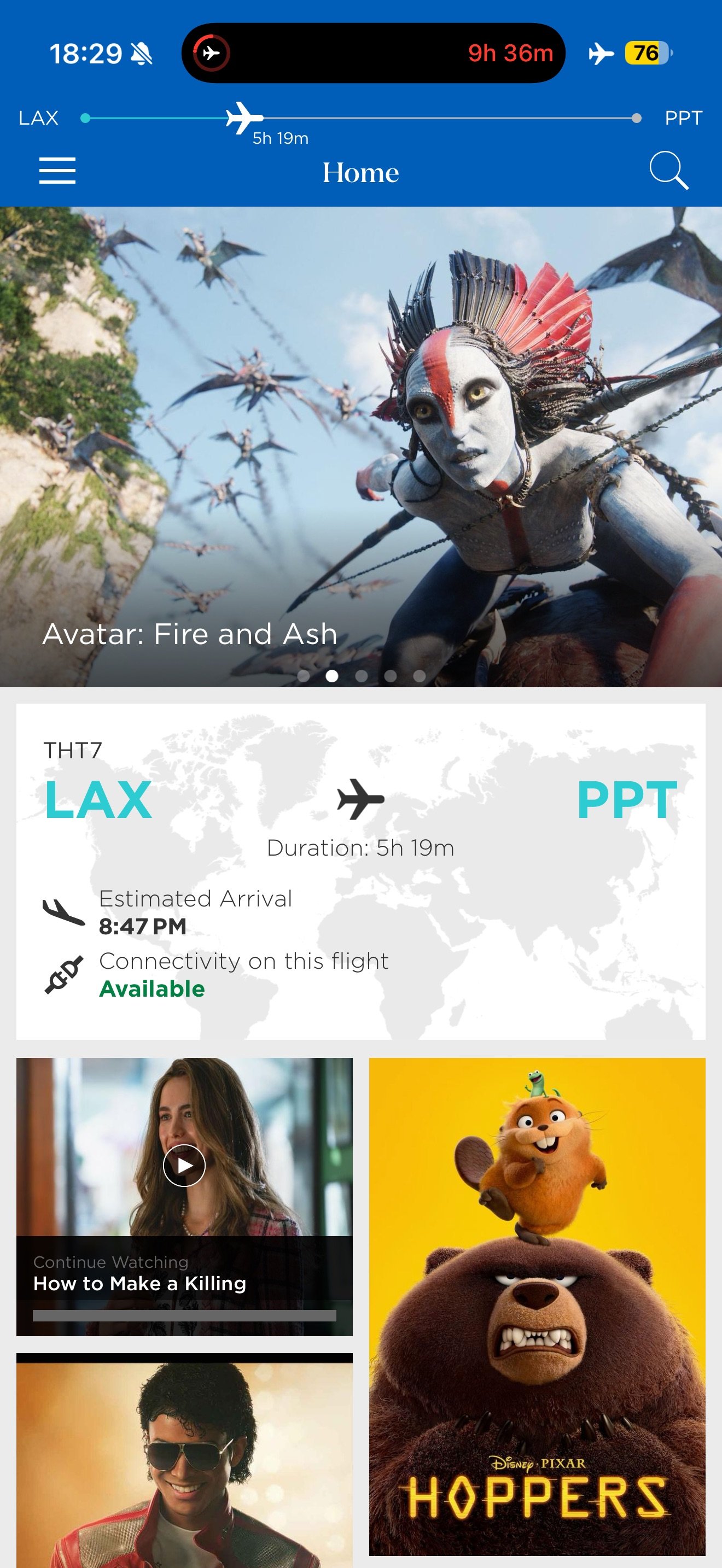 Air Tahiti Nui entertainment app home screen during flight TN7.