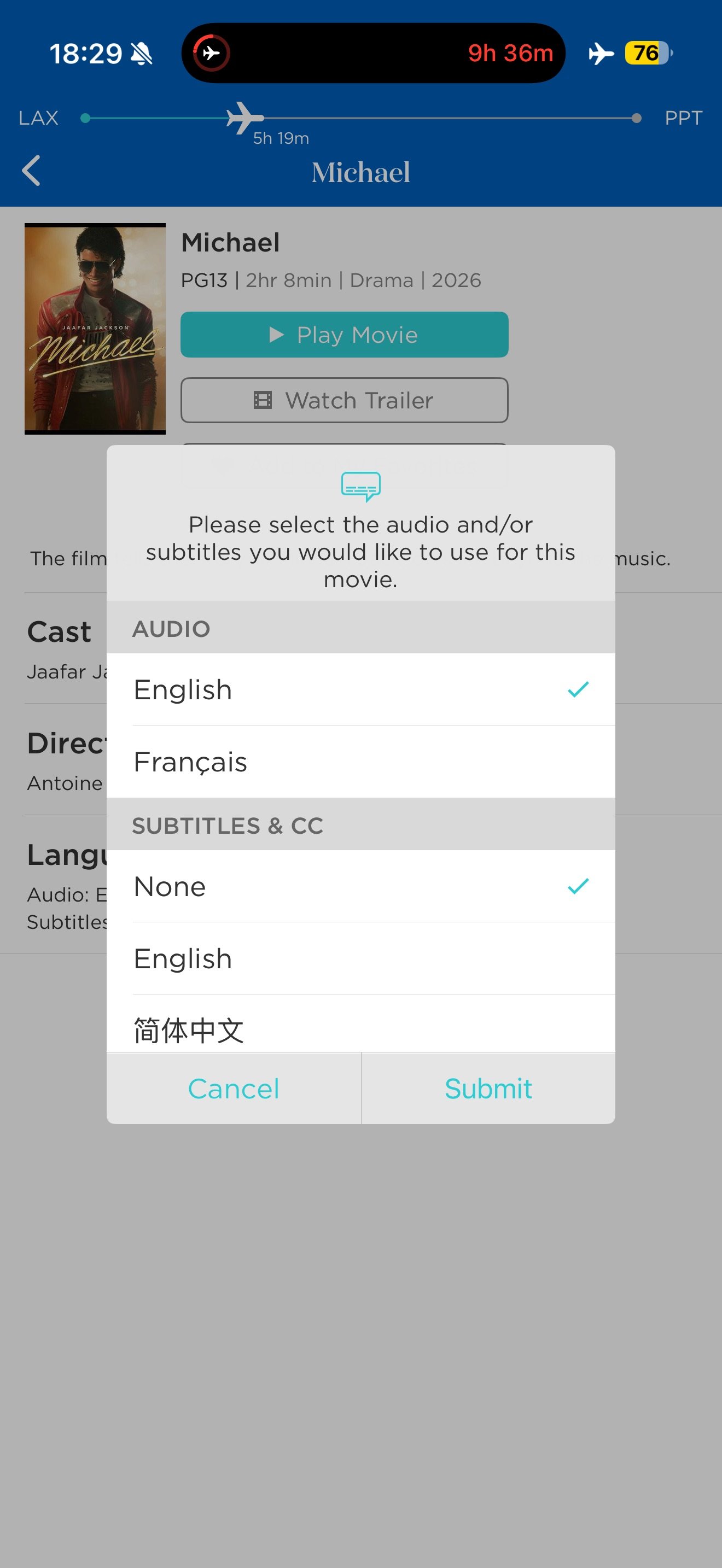 Audio and subtitle language options in the Air Tahiti Nui entertainment app.