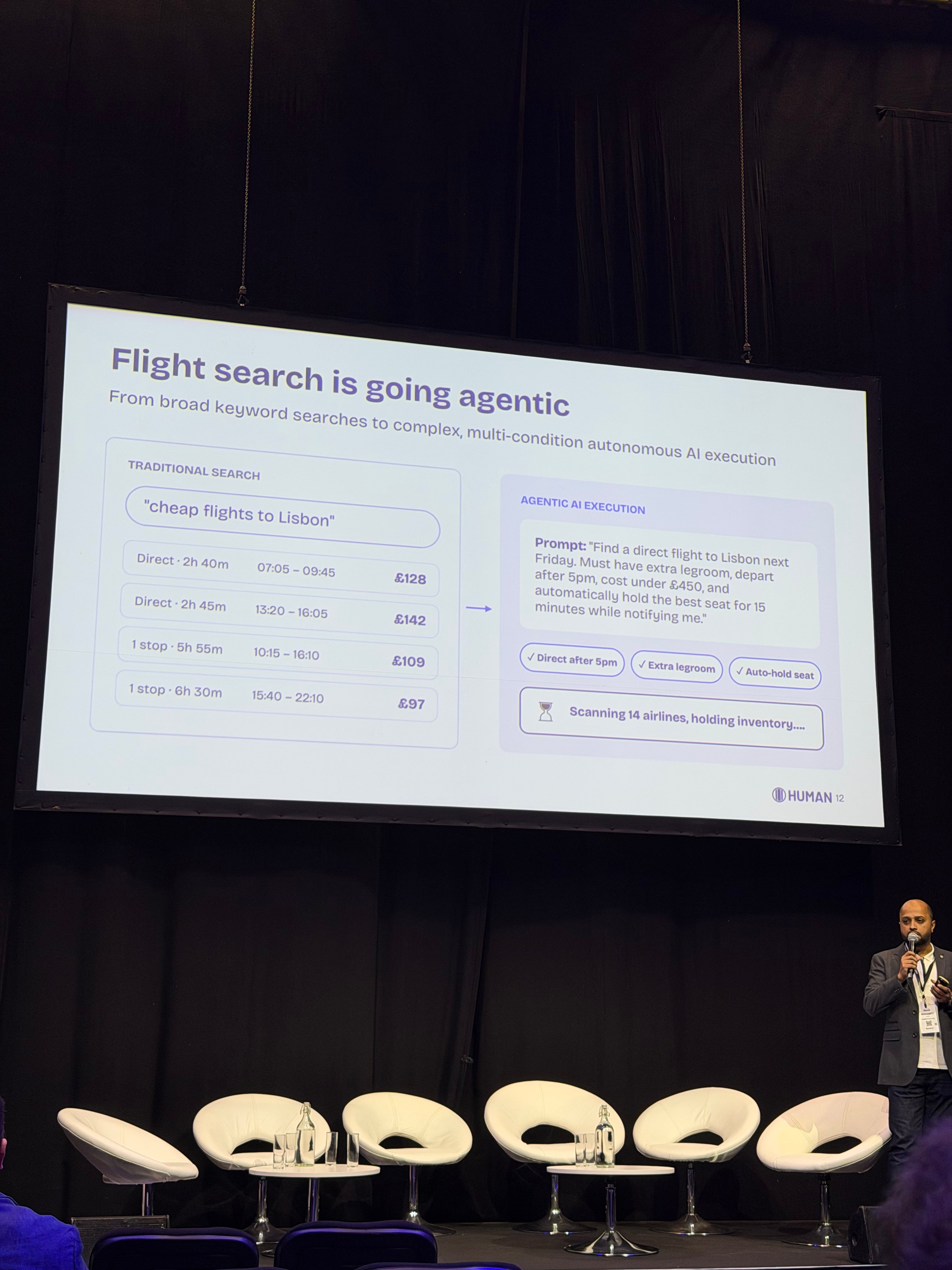 Presentation slide titled Flight search is going agentic.