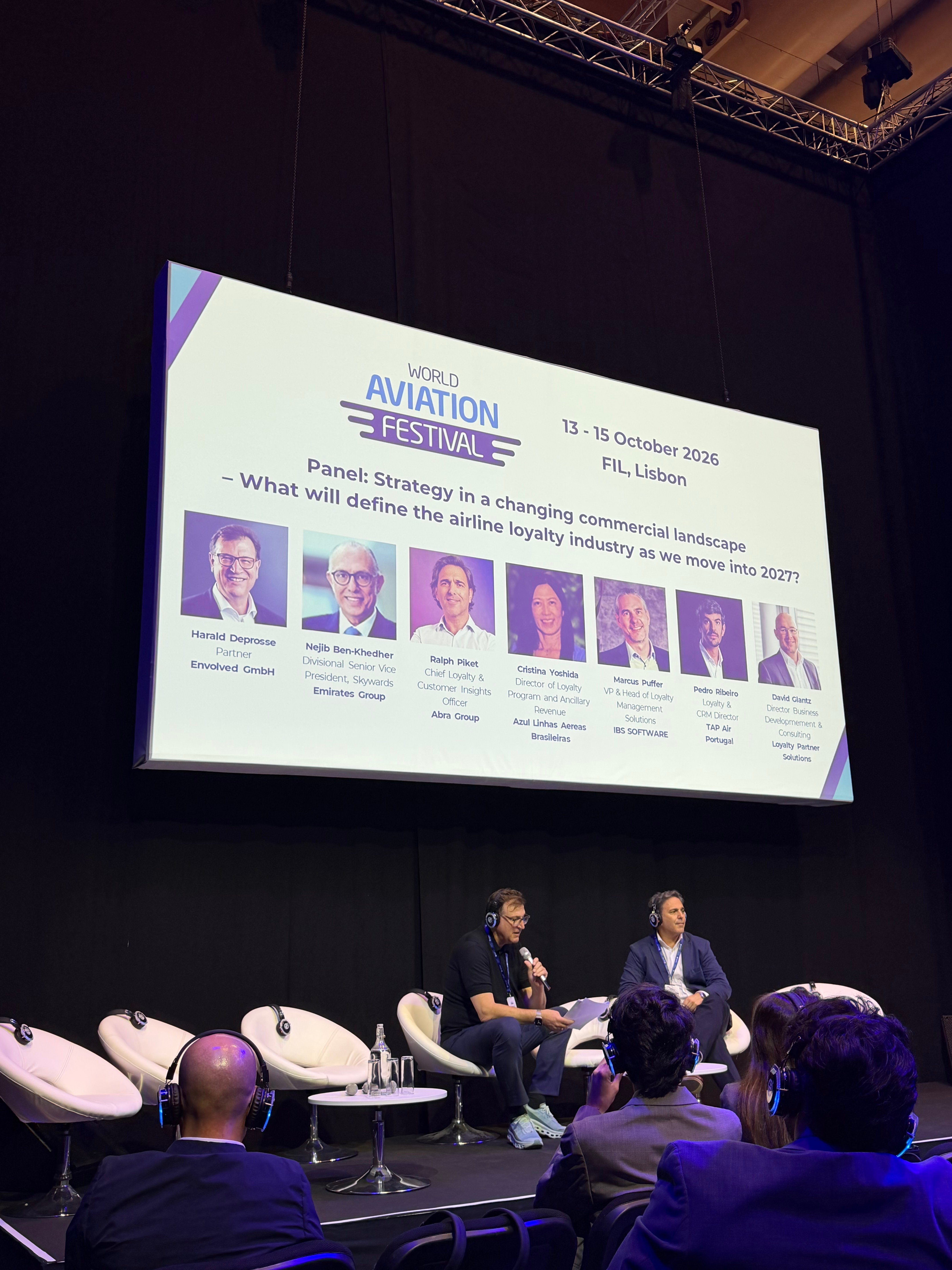 Speakers on the loyalty stage at World Aviation Festival.