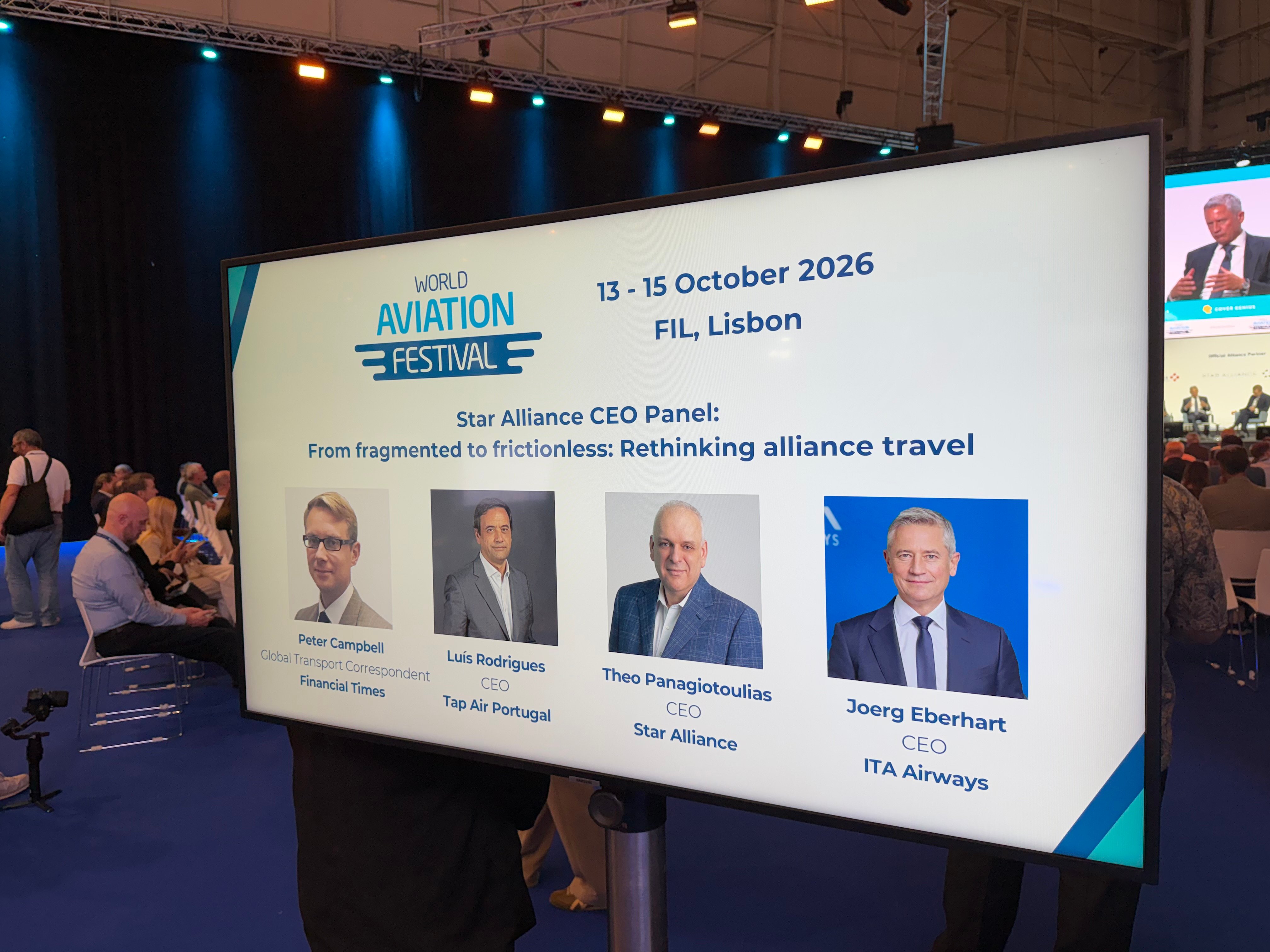 Screen announcing the Star Alliance CEO panel with the CEOs of TAP, Star Alliance, and ITA Airways.