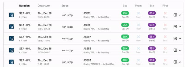 Seattle to Honolulu using Alaska Mileage Plan miles.
