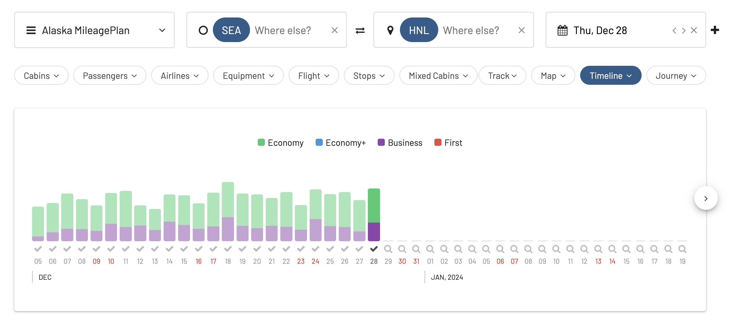 Seattle to Honolulu using Alaska Mileage Plan miles.