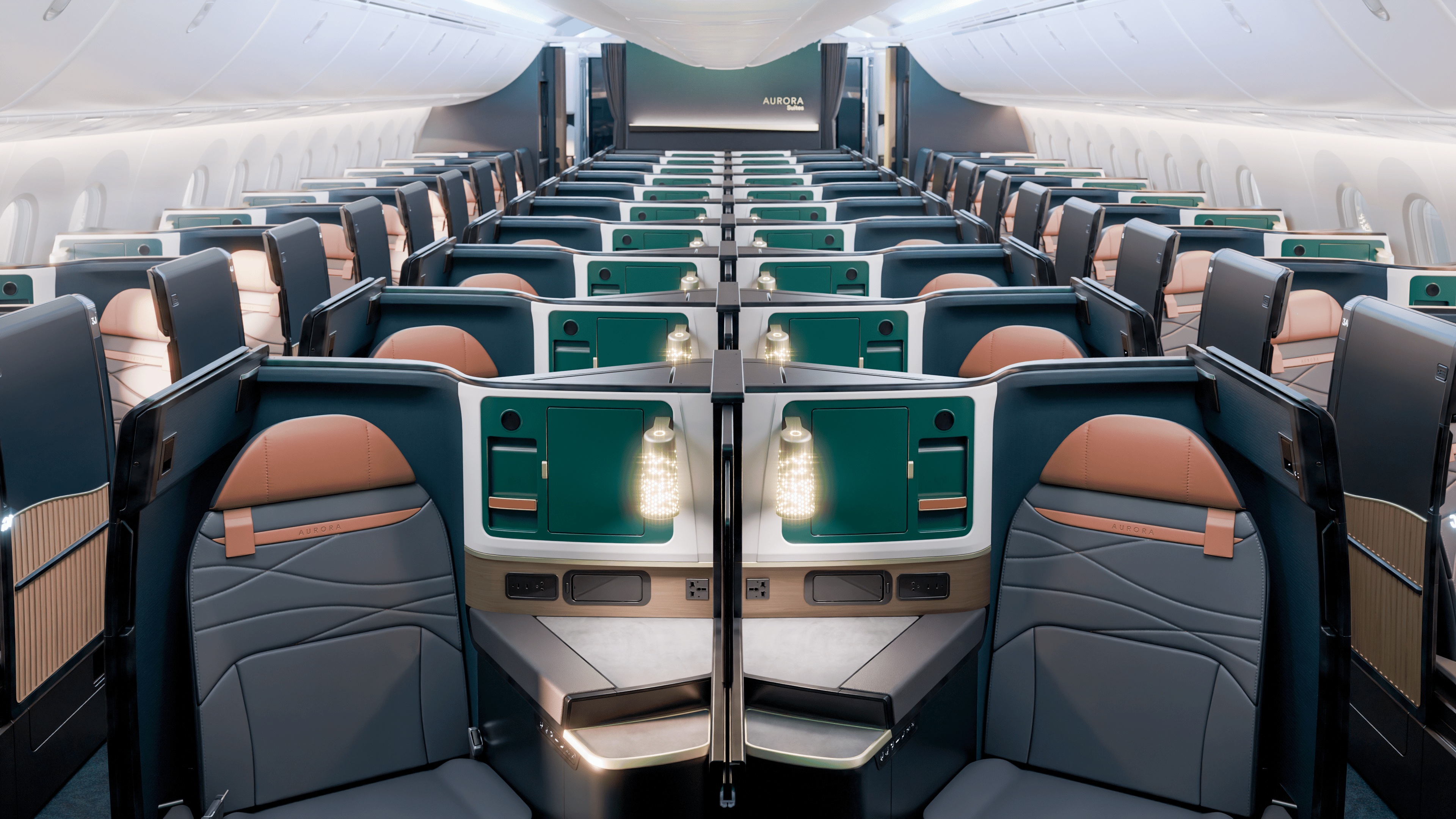 Rendering of the planned Alaska Airlines Aurora Suites cabin on the Boeing 787, with window suites and paired center seats.