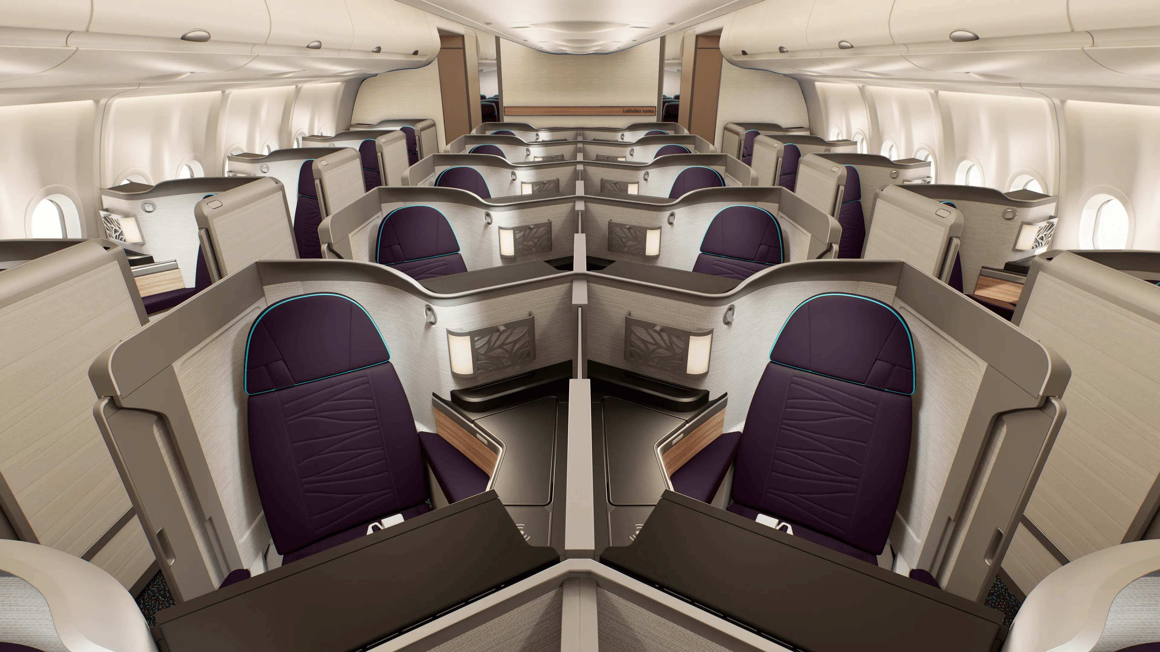 Rendering of the planned Hawaiian Airlines Leihōkū Suites cabin on the Airbus A330, with purple seats and individual suite partitions.