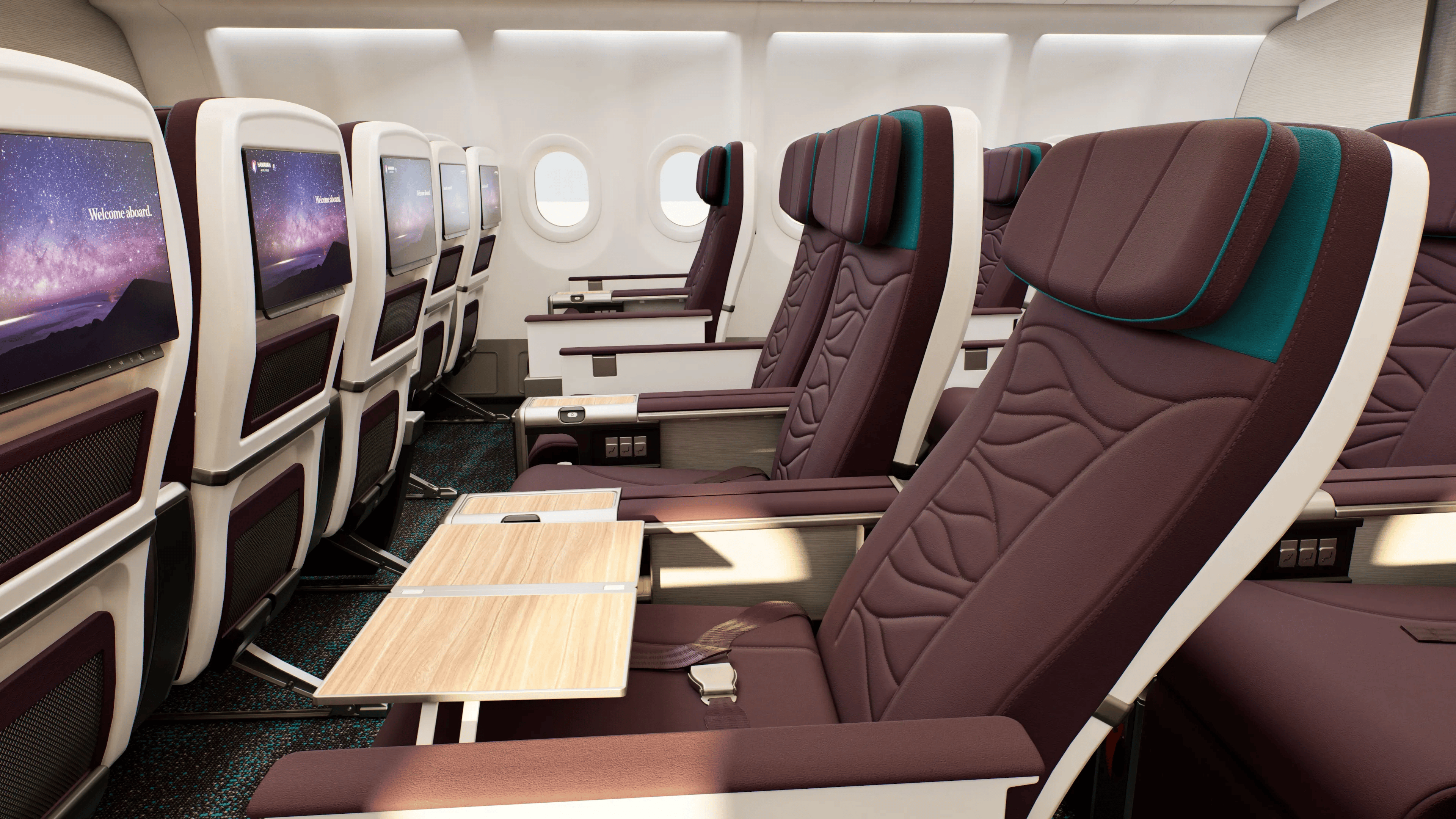 Rendering of the planned Hawaiian Airlines Premium Reserve cabin on the Airbus A330, showing reclining seats, wide armrests, and seatback screens.
