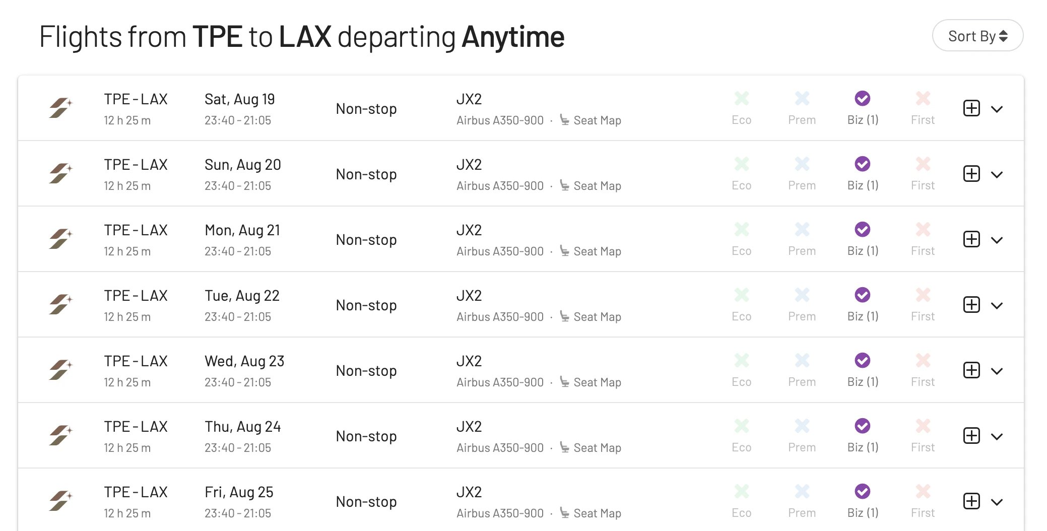 STARLUX Airilines awards in Business Class (AwardFares).