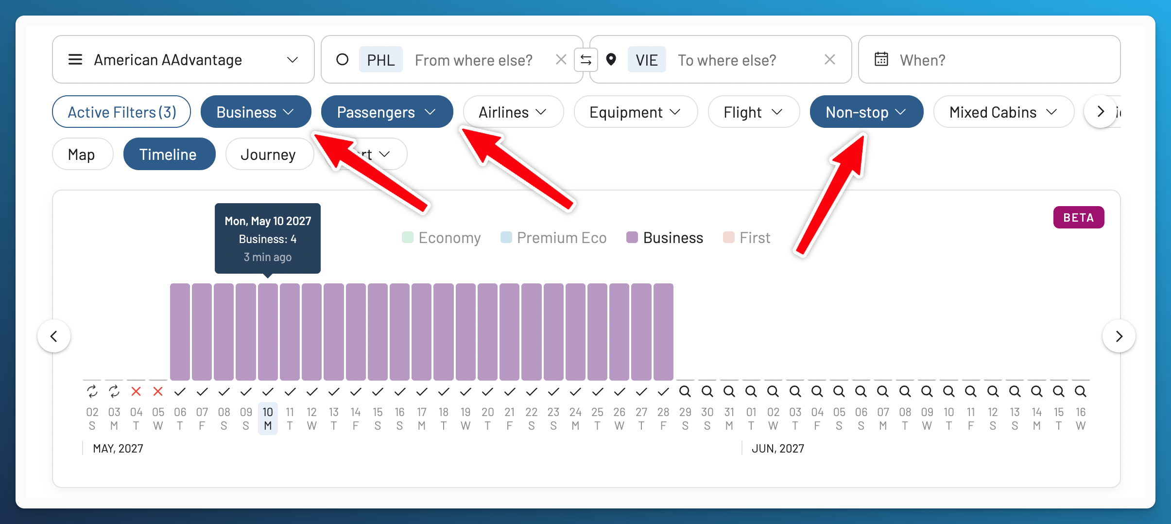AwardFares Timeline View for Philadelphia to Vienna in May 2027, with Business Class, passenger, and nonstop filters active.